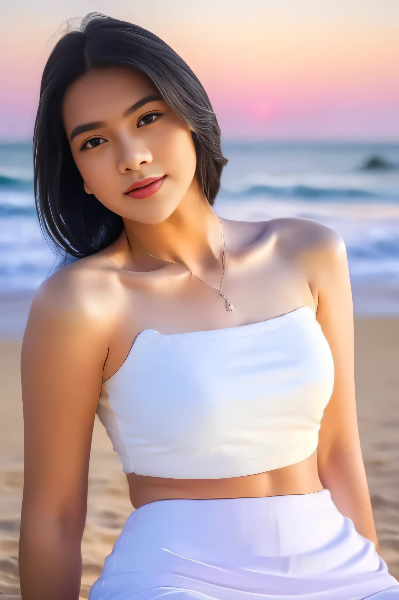 1girl, solo, at the beach, beautifully sunset beach scenery, cute little smirk, detailed eyes, thick medium breasts, smooth realistic skin, white tight nylon top, white nylon short skirt, looking at the audience, (Overhead shot:1.2), (zoom out:1.4), (8k, RAW photo, best quality, masterpiece: 1.3), (realistic, realistic: 1.37), ultra-high resolution