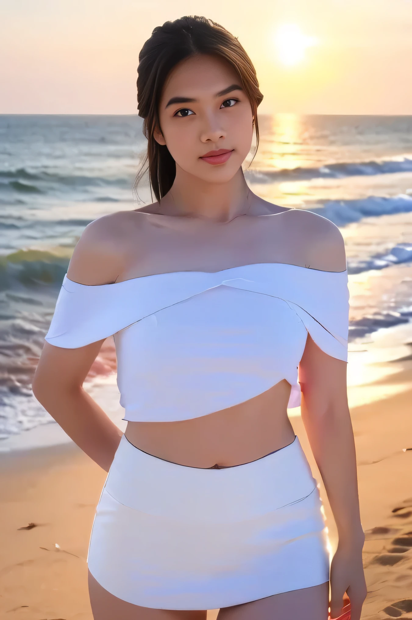 1girl, solo, at the beach, beautifully sunset beach scenery, cute little smirk, detailed eyes, thick medium breasts, smooth realistic skin, white tight nylon top, white nylon short skirt, looking at the audience, (Overhead shot:1.2), (zoom out:1.4), (8k, RAW photo, best quality, masterpiece: 1.3), (realistic, realistic: 1.37), ultra-high resolution