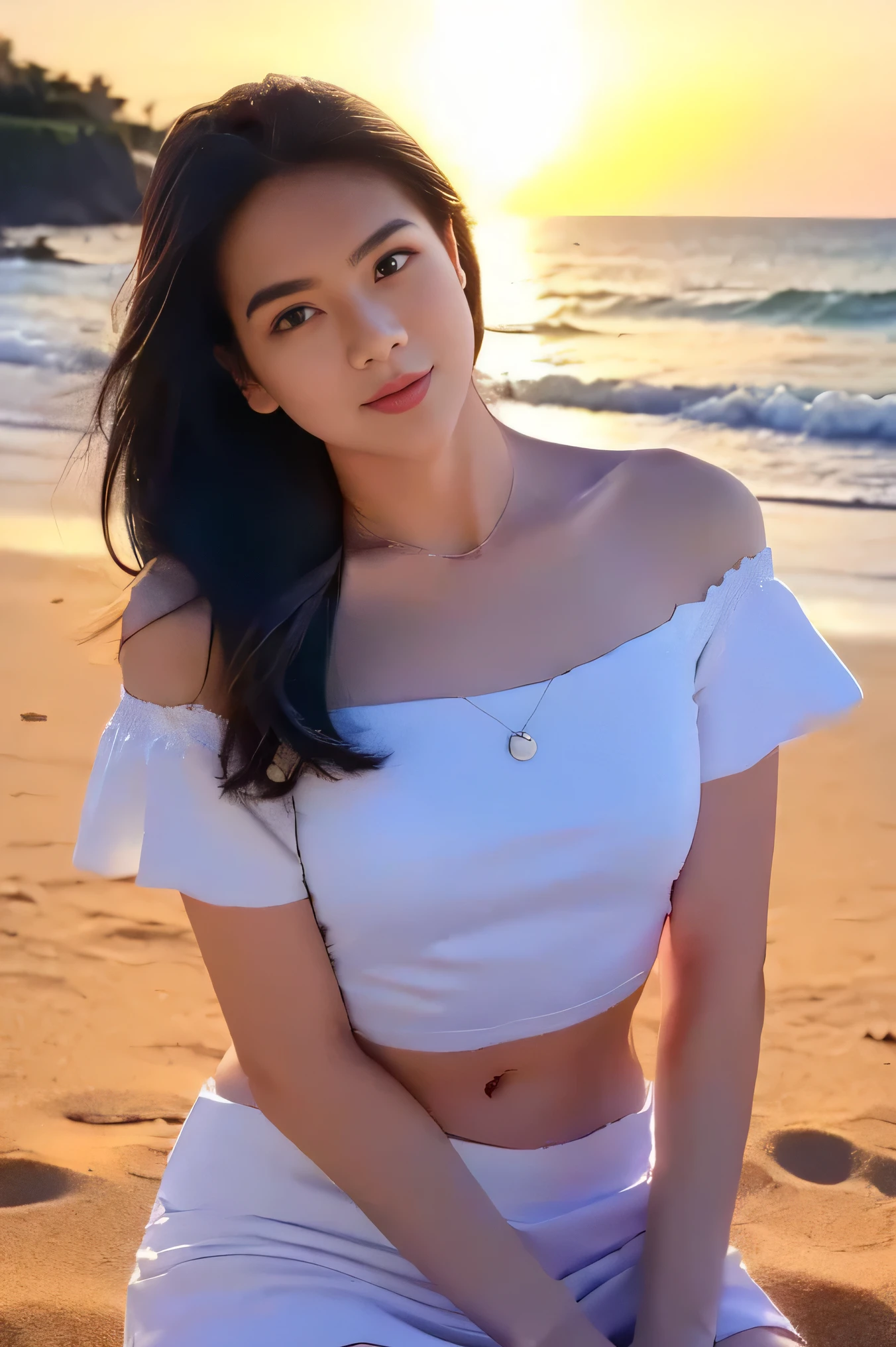 1girl, solo, at the beach, beautifully sunset beach scenery, cute little smirk, detailed eyes, thick medium breasts, smooth realistic skin, white tight nylon top, white nylon short skirt, looking at the audience, (Overhead shot:1.2), (zoom out:1.4), (8k, RAW photo, best quality, masterpiece: 1.3), (realistic, realistic: 1.37), ultra-high resolution