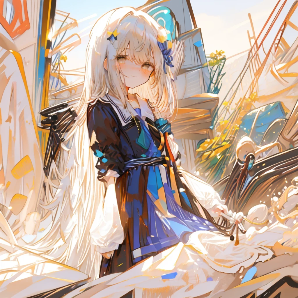 A ten-year-old girl, (Contemporary art like a picture book )(Flat Oil Painting)(simplified)(Low saturation)(Overview with Crayons)(Many white space)(Less is more)(10 year old girl with white hair, , , head ornament