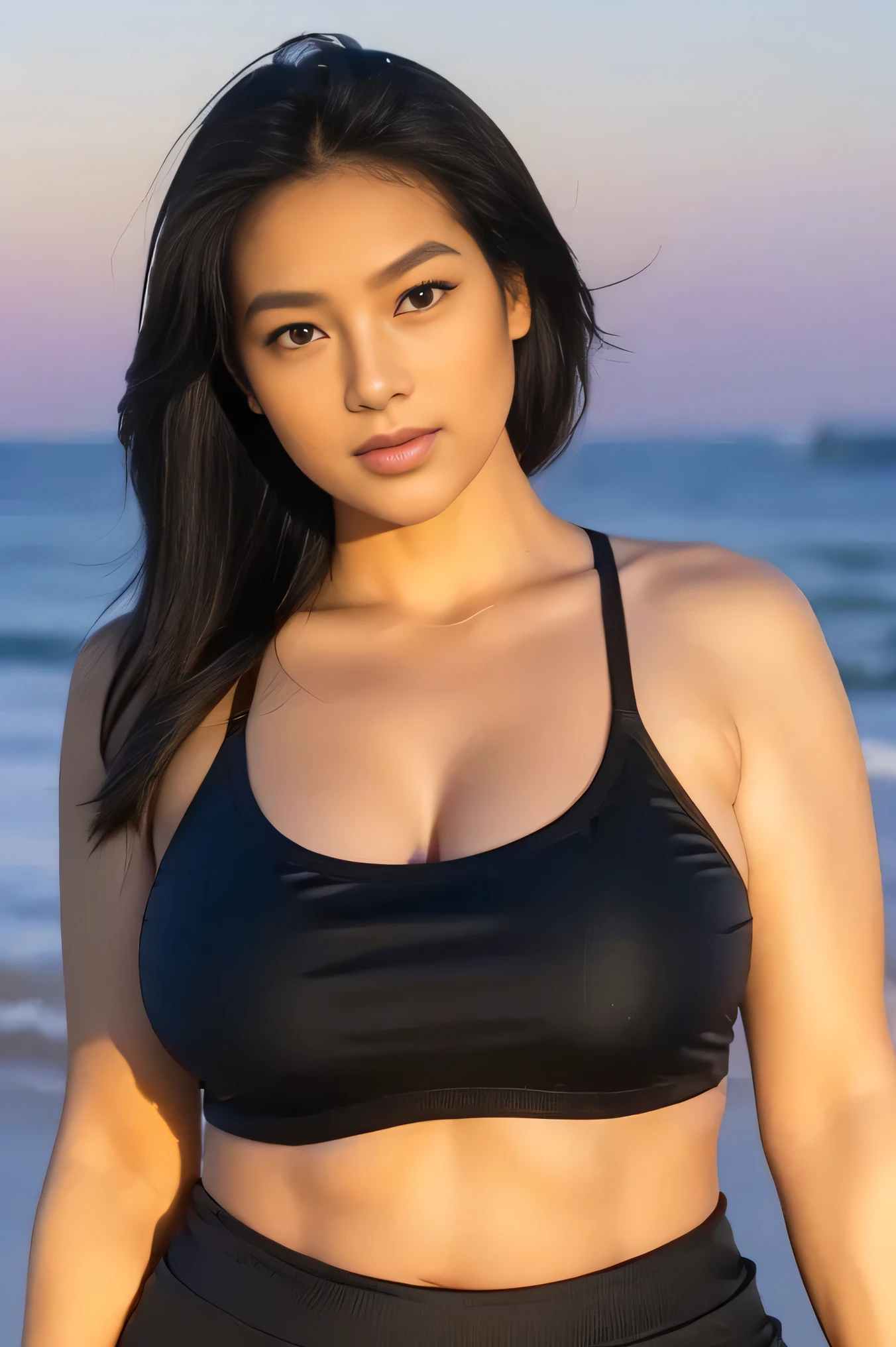 1girl, solo, at the beach, beautifully sunset beach scenery, cute little smirk, detailed eyes, thick medium breasts, curvy body, smooth realistic skin, black tight nylon top, black nylon short pants, looking at the audience, (Overhead shot:1.3), (zoom out:1.4), (8k, RAW photo, best quality, masterpiece: 1.2), (realistic, realistic: 1.37), ultra-high resolution