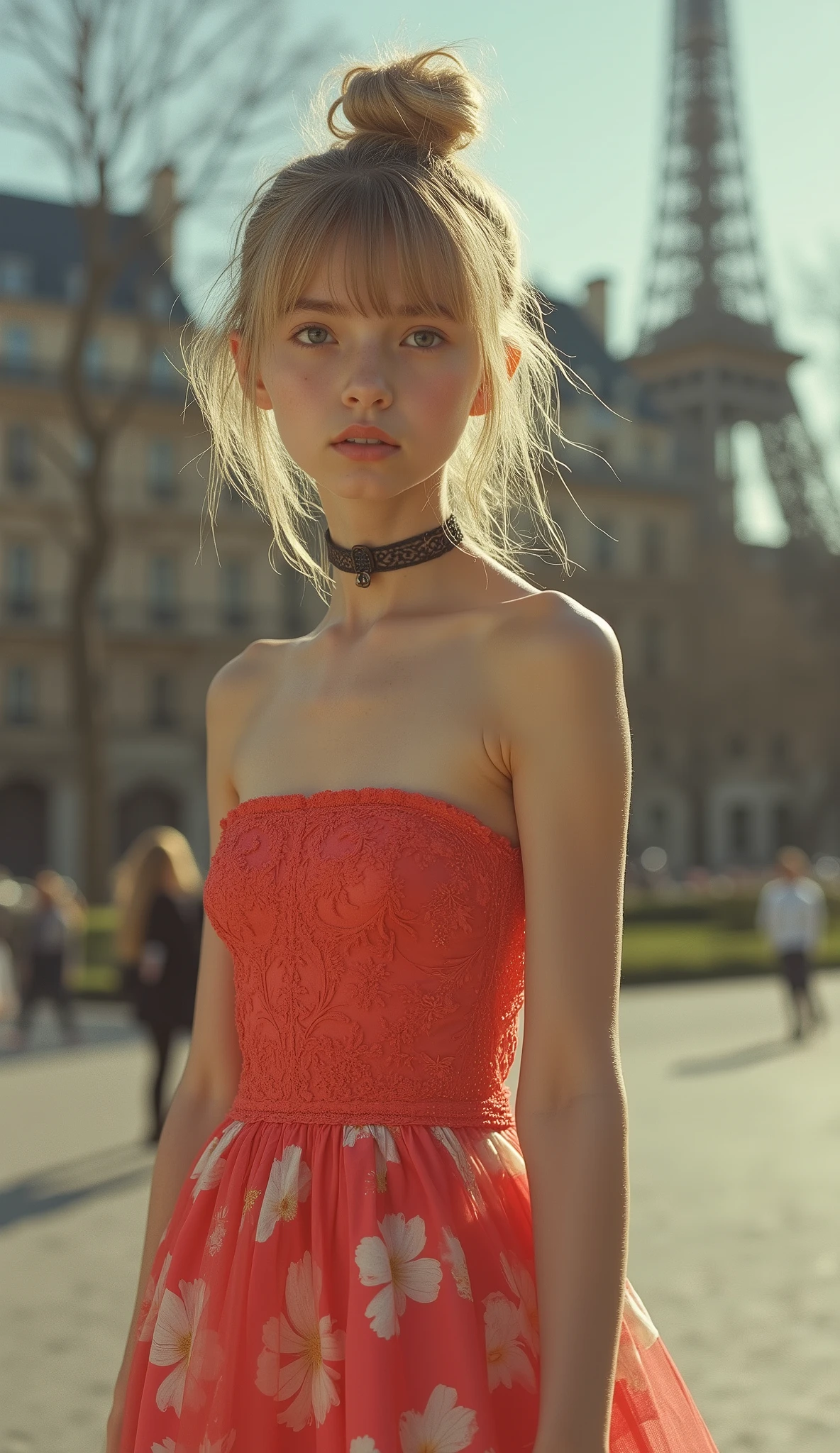 (60s skinny 13yo thin retro-modern girl as twiggy, chic miniskirt strapless dress, blond hair bun, Stylish posing In vivid vibrant Paris), (hyperrealism, Biologically correct images:16, innocence:9, neat and clean:9, Highest resolution, masterpiece, full body shot:16, "michelle" small red signature in the bottom left),
(super delicate bony super skinny anorexic pretty petite thin 13yo girl:16, extremely thin, skinny super small babyface as pretty petite 12yo girl:16, extremely skinny anorexic bony pretty petite body as super delicate pretty petite 12yo thin girl, big round eyes, glossy detailed big pupils, no makeup, Beautiful contours, no moles, fairy pale thin skin, black choker, very delicate and very narrow shoulders as thin 11yo pretty petite girl, super skinny 11yo girlish thin thighs, skinny 11yo girlish small ass, super skinny 11yo pretty petite girlish lower abdomen),