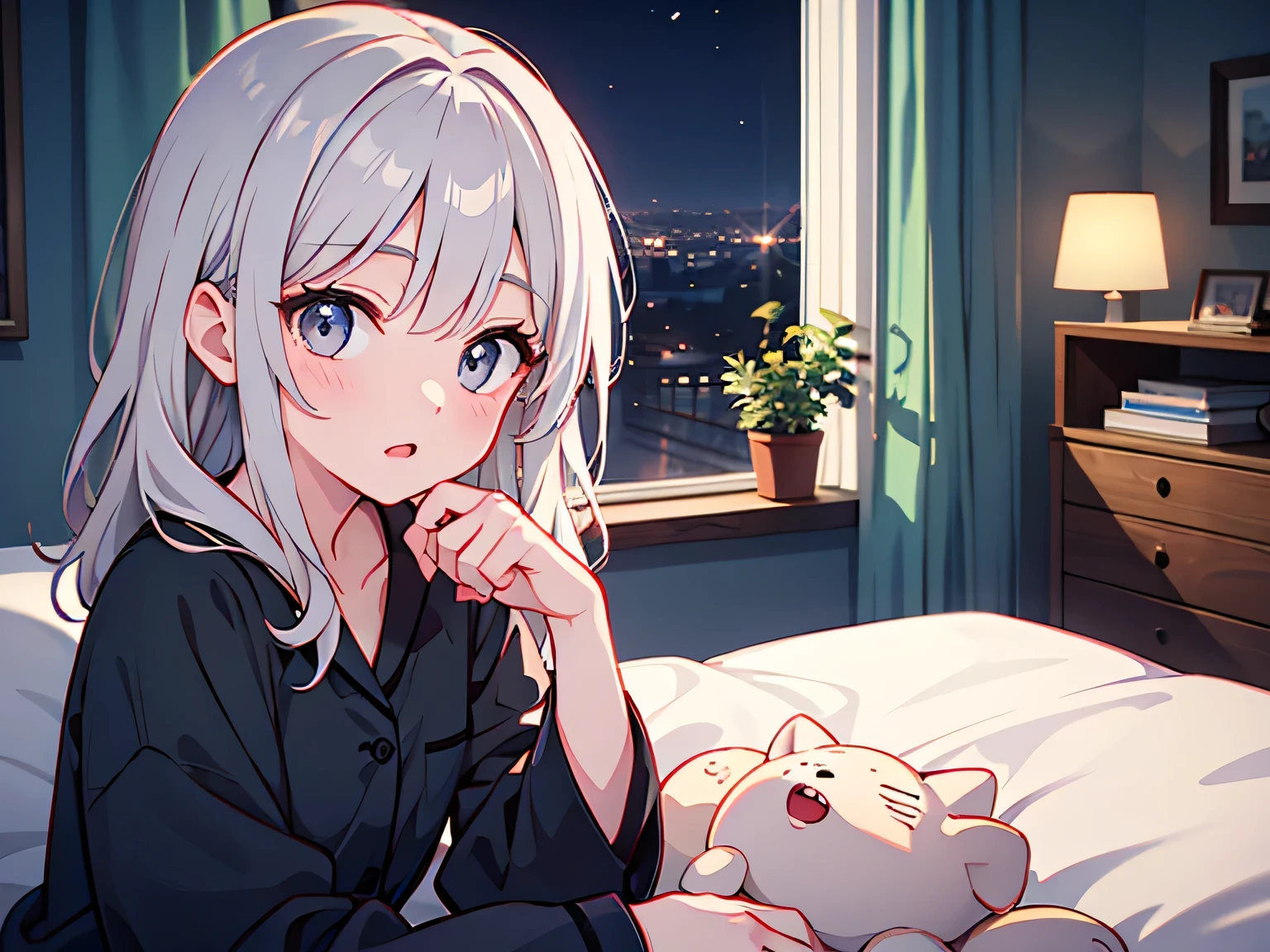 Anime, 1girl, white hair, blue eyes, glowing eyes, fishnet leggings, white winter sweater, , slight smile, blush, cozy house, fireplace, kitsune girl, fox plush, nine tailed girl, snow, white neck bow, fox ears, black tight leggings, blue glowing, winter themed blanket, winter themed bedroom, backside view, pillows, hot cocoa, candy cane, 