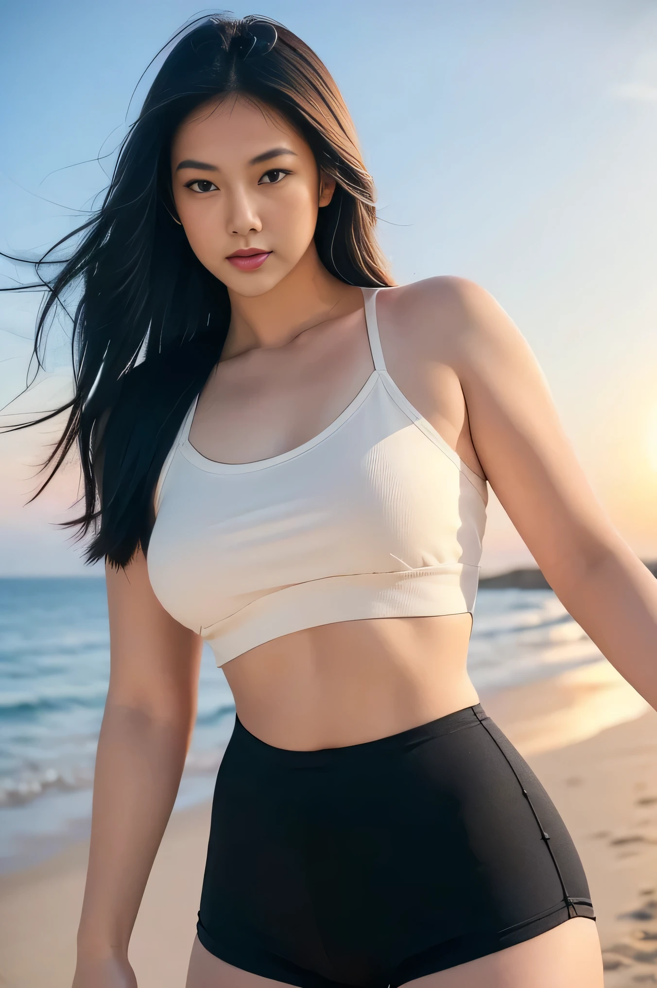 1girl, solo, at the beach,sexy pose, rising hands showing armpit, beautifully sunset beach scenery, cute little smirk, detailed eyes, thick medium breasts, curvy body, smooth realistic skin, black tight nylon top, black nylon short pants, looking at the audience, (Overhead shot:1.3), (zoom out:1.4), (8k, RAW photo, best quality, masterpiece: 1.2), (realistic, realistic: 1.37), ultra-high resolution, armpit