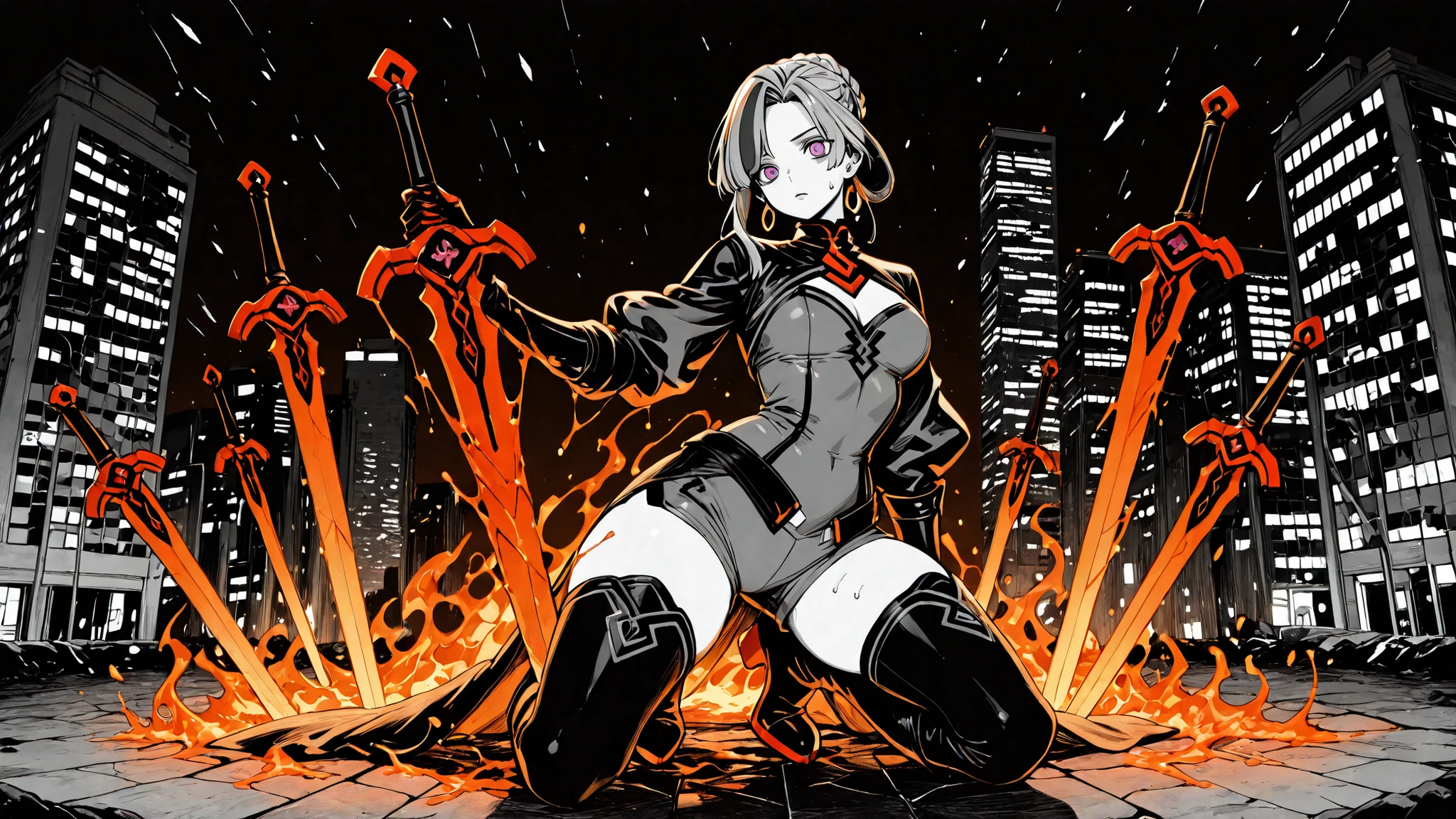 masterpiece, ultra highres, best quality, Chris Lightfellow, braided bun updo (hair loops upward into tight bun, gray strands now streaked with ash and ember), round plumpy face, sweat and soot tracing her jawline. Large plush body (elegant lean waist) emerald silk blouse unlaced at collar, wide gray shorts ending mid-thigh, cobalt blue stockings with zettai ryouiki gap above knee-high boots, longsword sheathed at hip, kneeling atop a smoldering skyscraper gargoyle. Pale lavender eyes reflecting city flames below as her fist plunges into molten asphalt—not retrieving a weapon, but *forging* a dagger from the building's bones. Background: midnight metropolis skyline, emergency sirens painting her skin crimson, shattered glass raining like dying stars, slightly chubby, tsolug, monochrome, greyscale, hatching \(texture\), orange effects, blue city lights 