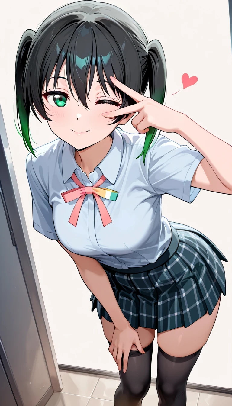anime style, masterpiece, best quality, ultra detailed, highres, 8k, smile, 1 girl,
Takasaki Yuu, solo, Nijigasaki Academy school uniform, stockings, pigtails, multicolored hair, black hair, skirt, black stockings, gradient hair, school uniform, Shirt, green eyes, green hair, short sleeves, bangs, brown shoes, summer uniform, two-tone hair, foldable skirt, standing, v over the eye, blowing kiss