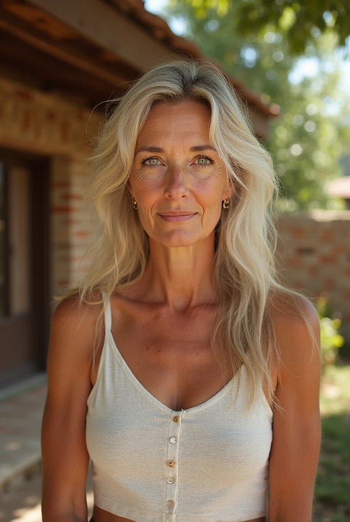 Dawn Zulueta, a solo photorealistic of Dawn Zulueta, Mature woman, (((45 years old woman))), (((Swedish brown eyes))), Swedish lips, Swedish high nose, (((with body and face wrinkle))), (((Swedish light blond long wavy curly blond hair))), (((In her minimalist tropical-themed living room, she sits seductively amidst an atmosphere of tranquility and natural beauty. The room is designed with clean lines, neutral colors, and an abundance of greenery, evoking a sense of calm reminiscent of a tropical retreat. Large windows frame a breathtaking view of a staircase, perhaps adorned with plants or featuring natural materials like wood and stone. The staircase leads to another level of the home, enhancing the feeling of openness and connection to the outdoors.))), (((she is wearing a horizontal stripe knitted coordinates, color white chunky Crop Cardigan; Color red knitted , The cardigan is open that her ))), Let your face light up with a wide smile, crinkling your eyes at the corners and showing off your teeth. Radiate happiness and warmth., (((dynamic pose)))