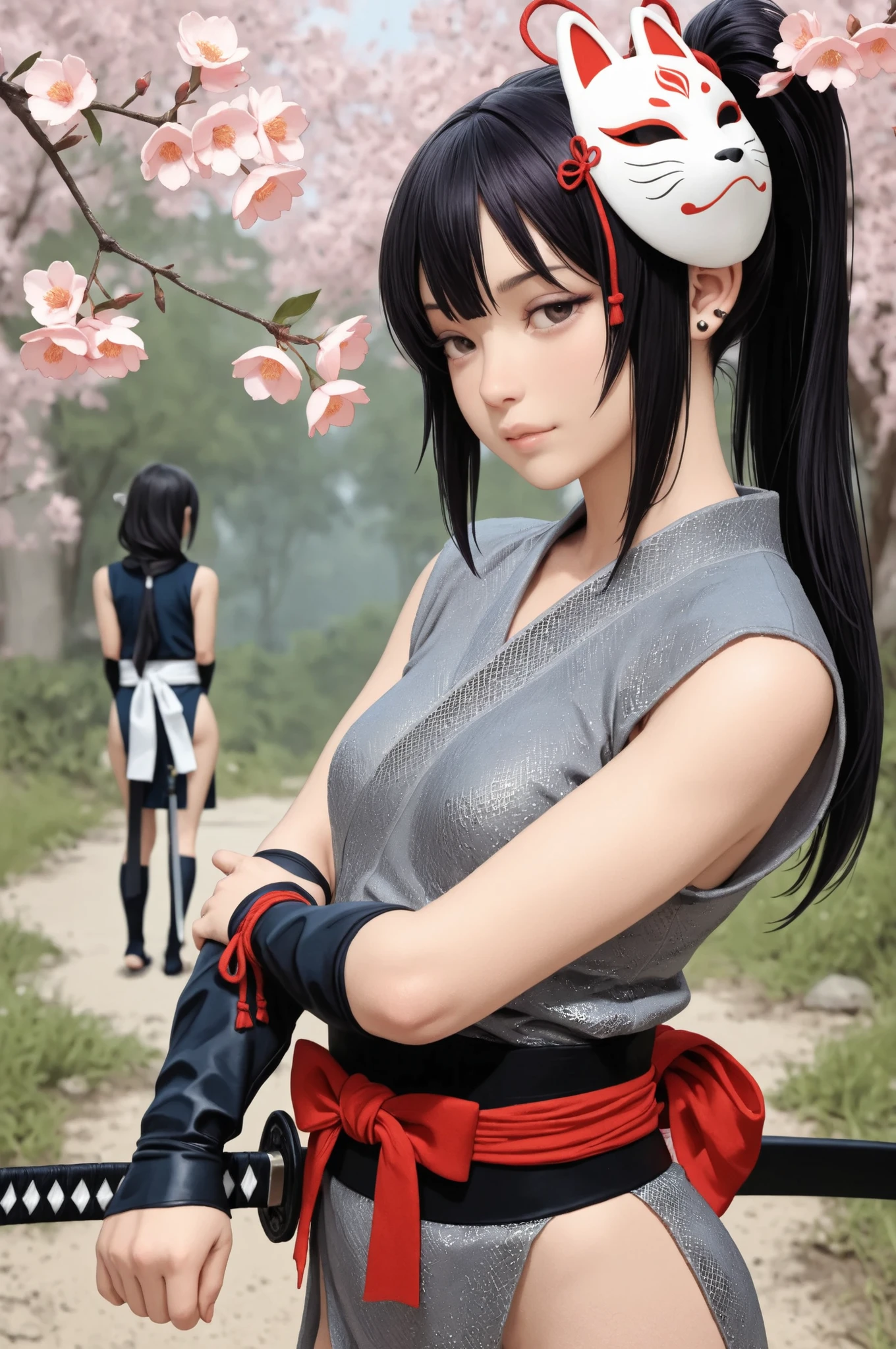 2Girls ((Highest Quality)), ((masterpiece、high sensitivity、high resolution、detailed description、accurate to human anatomy)）Kunoichi no Sato、Kunoichi, one of the sneaky runners in the moonlight and the cherry blossoms, and many others、from below、black shinobi costume、Two Kunoichi sisters wearing chainmail、A large group of、Carrying a shinobi sword in a sakura-patterned scabbard、round face、Babyface、A fragile face、Pretty far apart、Thick tear bag、Thick lower lip、Deep-set eyelids、Extraordinarily long lashes、cheeky slack、vermilion eyeshadow、I have so many piercings、dark haired、ponytail with large red ribbon、 camellia hair ornament、One is a fox mask with an oblique head、
