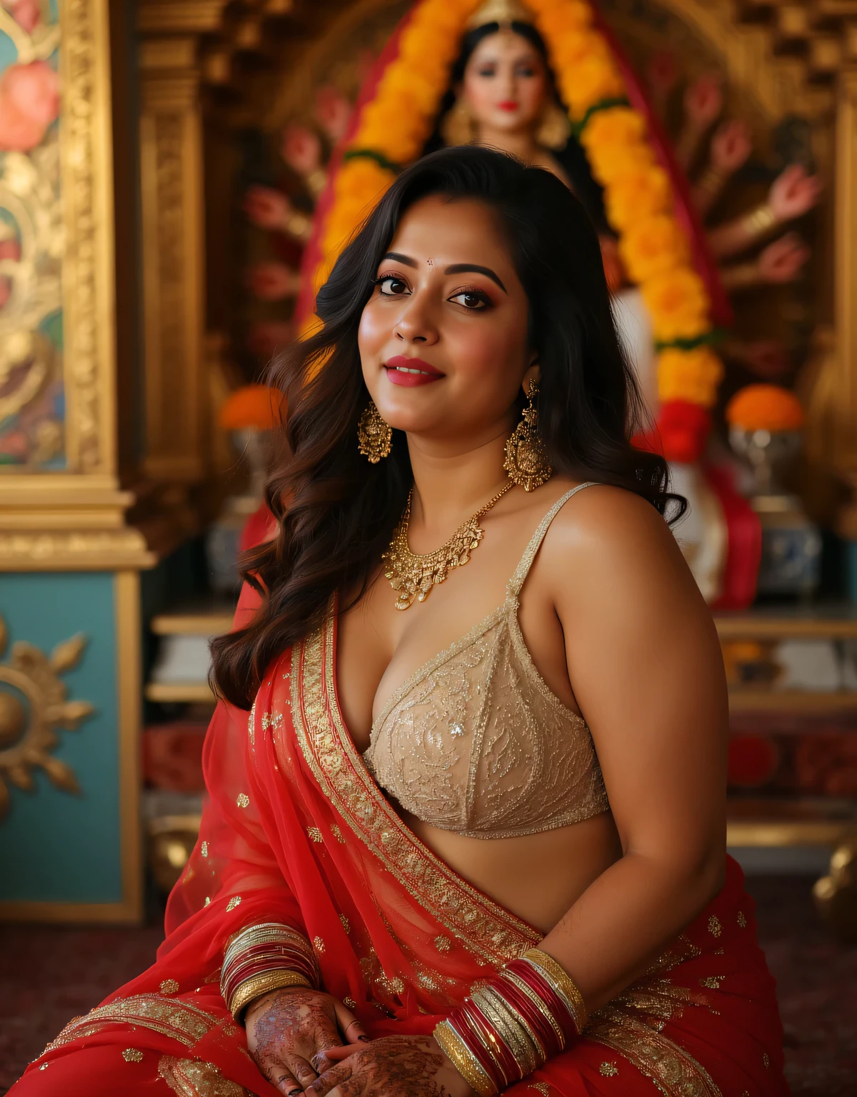 a hindu bengali milf, in sleeveless thin sexy saree,navel exposed,, mehndi in hand, in bridal shoot,breast size 32,lacy pushup bra 30c,full deep cleavage fully exposed,sexy figure,in durga mata mandir,in front of durga ma's murti,8k,vivid colors,8k