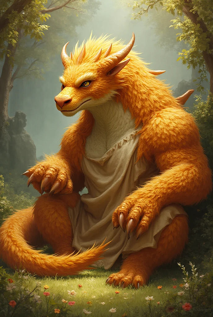 ultra-detailed, masterpiece, masterwork, high quality, best quality, hdr, (nature), , male, solo, dragon, ((covered , fundoshi)), (little red body minotaur), (white chubby body), (long golden hair, yellow eyes), standing, front view, lower view, dynamic angle, public hair, (cross your arms), earrings