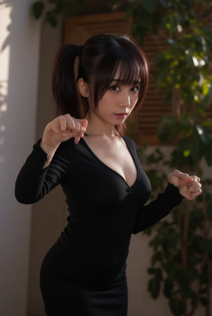 A beautiful hyperreal woman who represents Sailor Moon. Black hair, very big breasts, giant butt, tiny waist. Her face has Japanese anime features. Pigtails: she has long black hair that reaches approximately the middle of his back. Her distinctive hairstyle consists of two high, voluminous pigtails that extend up and out from the top of her head. Bows: At the base of each ponytail, she wears a large red bow that keeps her hair in place. Bangs: She has short, blunt bangs that frame her face and curve to the sides. A high-speed ice skater's dress is crafted from stretchy, form-fitting materials like spandex or lycra, ensuring flexibility and reducing wind resistance. Bold colors such as royal blue, deep red, or sleek black are common, sometimes accentuated with metallic or iridescent fabrics. Decorations like sequins, crystals, or lace add sparkle and elegance, while strategic seam lines and paneling enhance movement. Mesh insets provide breathability, and neckline and sleeve styles vary for comfort and style. Overall, the dress combines functionality with aesthetics, allowing the skater to perform with grace and agility on the ice.