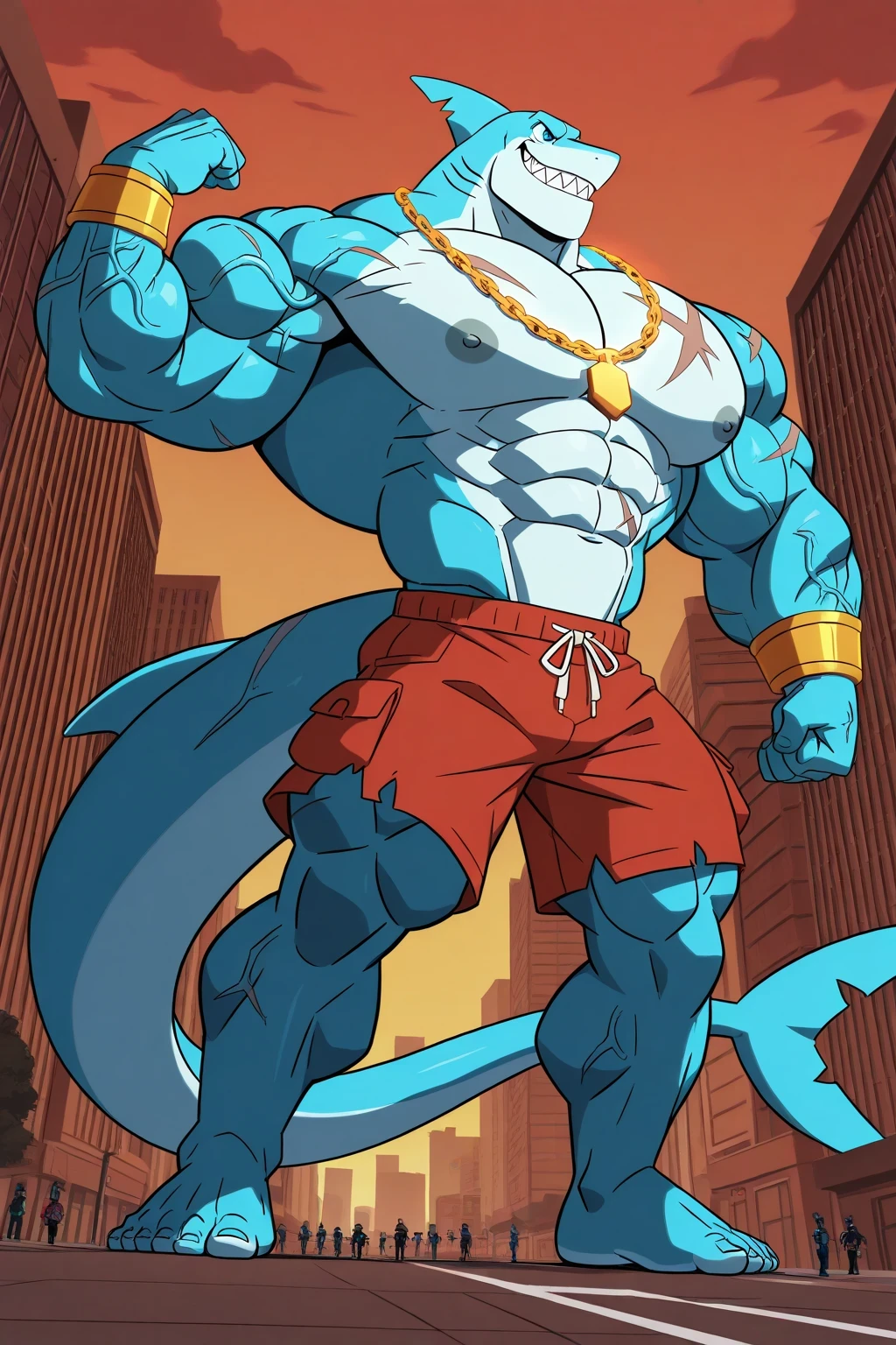 score_9, score_8_up, score_7_up, score_6_up, score_5_up, score_4_up, source_furry, tentacularrumble, cartoon 2d shark, teeth, blue skin, sharp teeth, muscular, blue eyes, long tail, max detail, 4k, absurdres, highres, profile angle, dynamic pose, standing, full body, macro size, flexing his powerful muscles and bouncing his pectorals, cartoon 2d style, gigantic chin, veins, tattoos, scars on the body, wearing red ripped shorts, bigger cartoon eyes, city background, very cartoon, golden bracelets, golden necklaces with colorful jewels.
