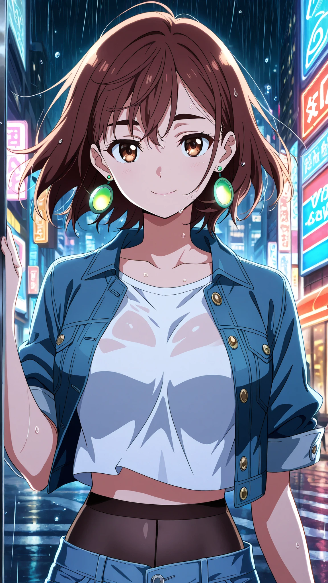 BREAK (masterpiece:1.2), best quality, high resolution, unity 8k wallpaper, (illustration:0.8),detailed fingers,A rainy New York-inspired metropolis at night, empty streets glistening under neon lights. Wet asphalt reflects colorful billboards and glowing shop signs, raindrops sliding down glass facades of tall skyscrapers. Puddles scattered across the road mirror the bright cityscape, while the atmosphere feels cinematic, moody, and mysterious. No people, no vehicles, only the silent beauty of a deserted rain-soaked city,momo ayase, short hair, brown hair, brown eyes, bangs, thick eyebrows,earrings, green earrings, medium breasts, anime screencap, cropped t-shirt under open denim jacket,white t-shirt, mini skirt, sheer black tights reflecting city lights,casual but stylish night vibe,looking at viewer,portrait,portrait shot,seductive expression,floating hair,seductive pose,smile,face close-up