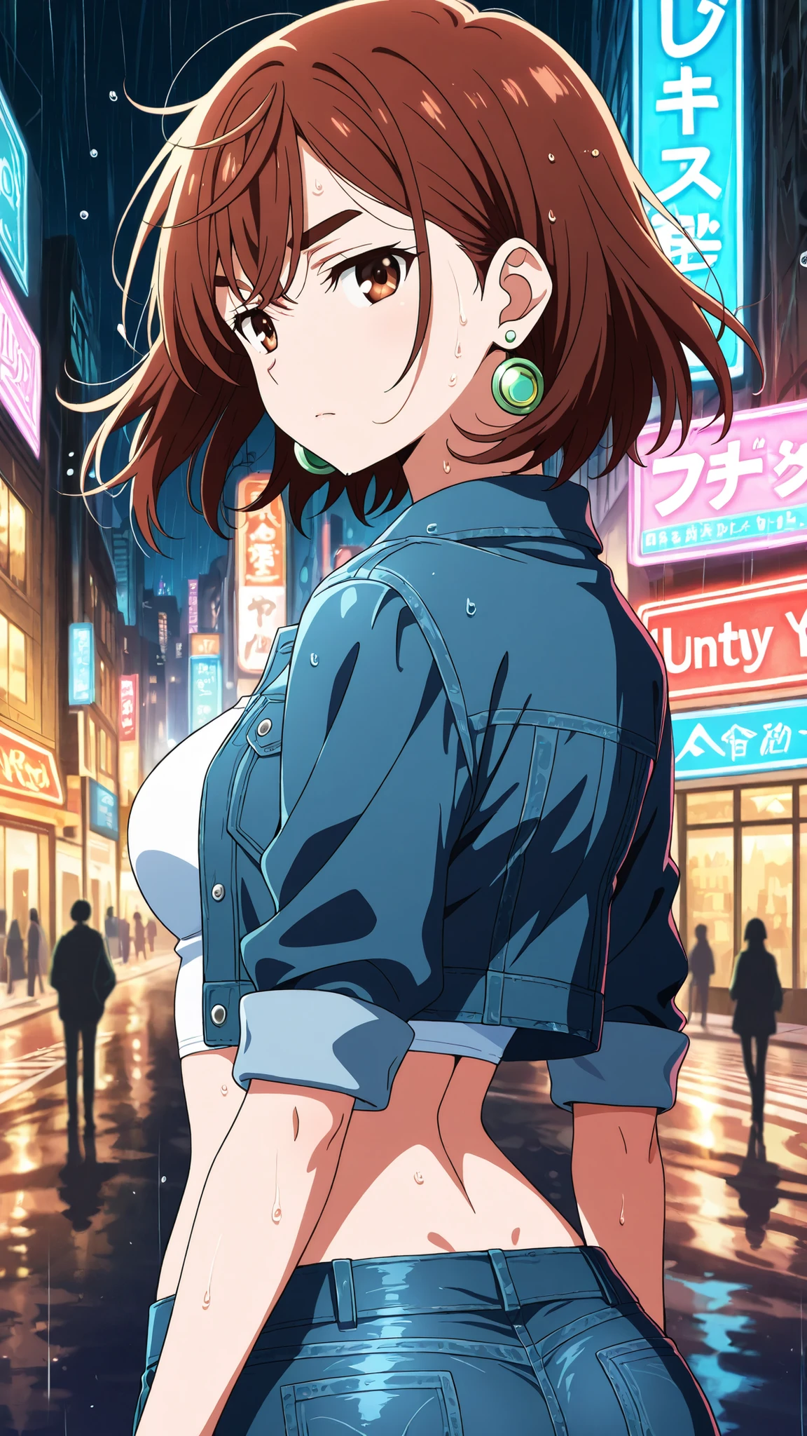 BREAK (masterpiece:1.2), best quality, high resolution, unity 8k wallpaper, (illustration:0.8),detailed fingers,A rainy New York-inspired metropolis at night, empty streets glistening under neon lights. Wet asphalt reflects colorful billboards and glowing shop signs, raindrops sliding down glass facades of tall skyscrapers. Puddles scattered across the road mirror the bright cityscape, while the atmosphere feels cinematic, moody, and mysterious. No people, no vehicles, only the silent beauty of a deserted rain-soaked city,momo ayase, short hair, brown hair, brown eyes, bangs, thick eyebrows,earrings, green earrings, medium breasts, anime screencap, cropped t-shirt under open denim jacket,white t-shirt, mini skirt, sheer black tights reflecting city lights,casual but stylish night vibe,looking at viewer,portrait,portrait shot,seductive expression,floating hair,seductive pose,serious face,from behind,back photo,face close-up