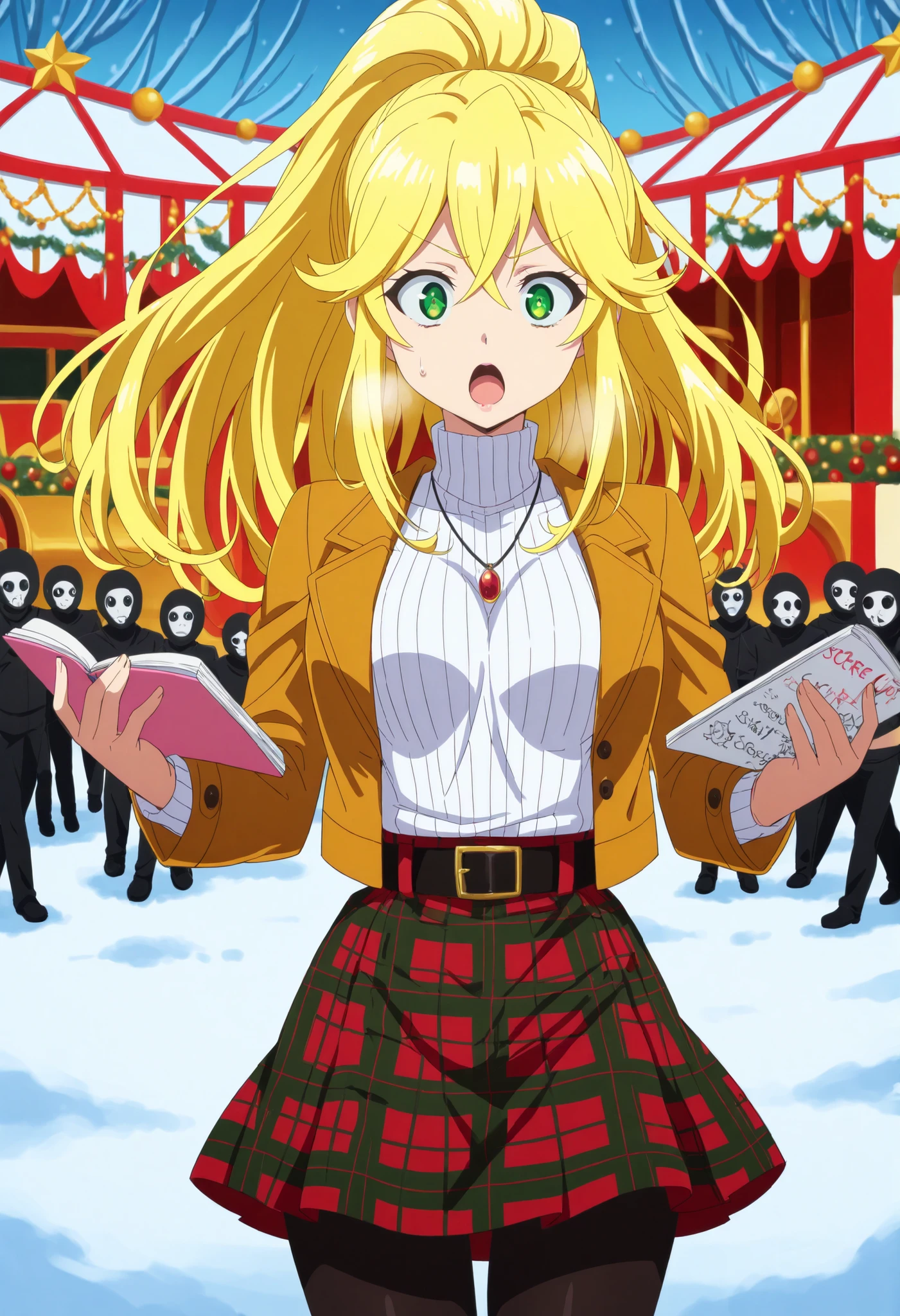 score_9, score_8_up, score_7_up, source_anime, liliana heiligh, long hair, bangs, blonde hair, green eyes, ponytail, anime screencap, private costume, turtleneck ,pendant ,belt ,plaid skirt , jacket ,pantyhose, rouge lips ,writing a notebook ,shocked black guy, open mouth, excite face, "$" mark pupils, solo,cowboy shot ,winter ,amusement park, Christmas,