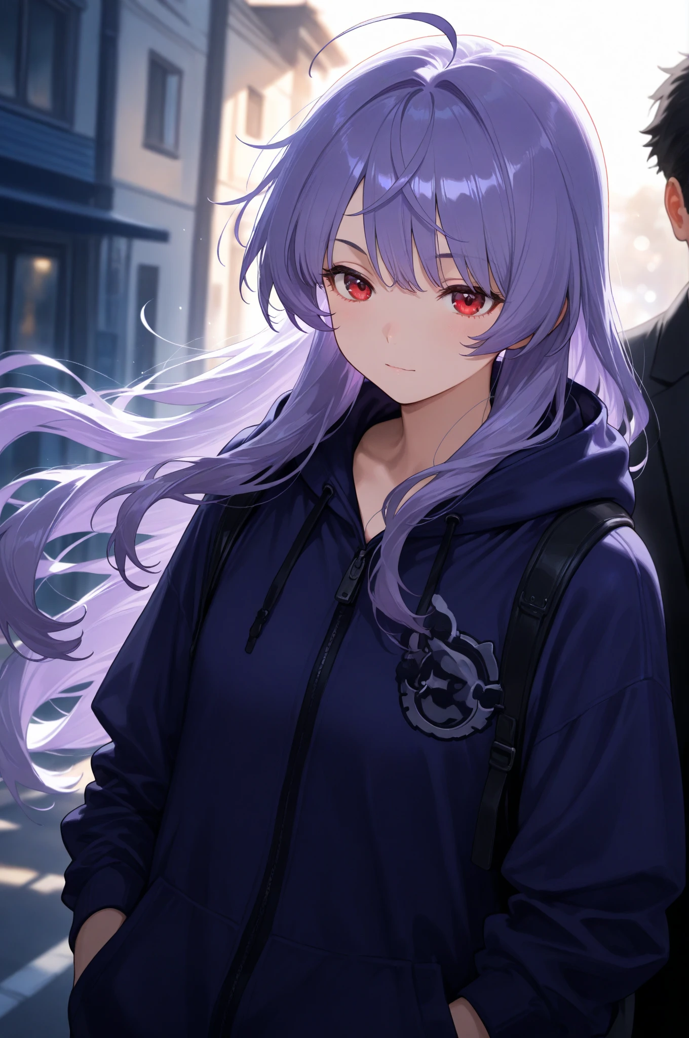 Kochou Shinobu, 1girl,masterpiece, multicolored hair,sleeveless, purple eyes, black jacket,black skirt,uniform, white haori, , multiple butterflies, , laked sunset, lens flare, perfect lighting, highest quality, hands behind,  thighs, large , highest quality, high resolution.