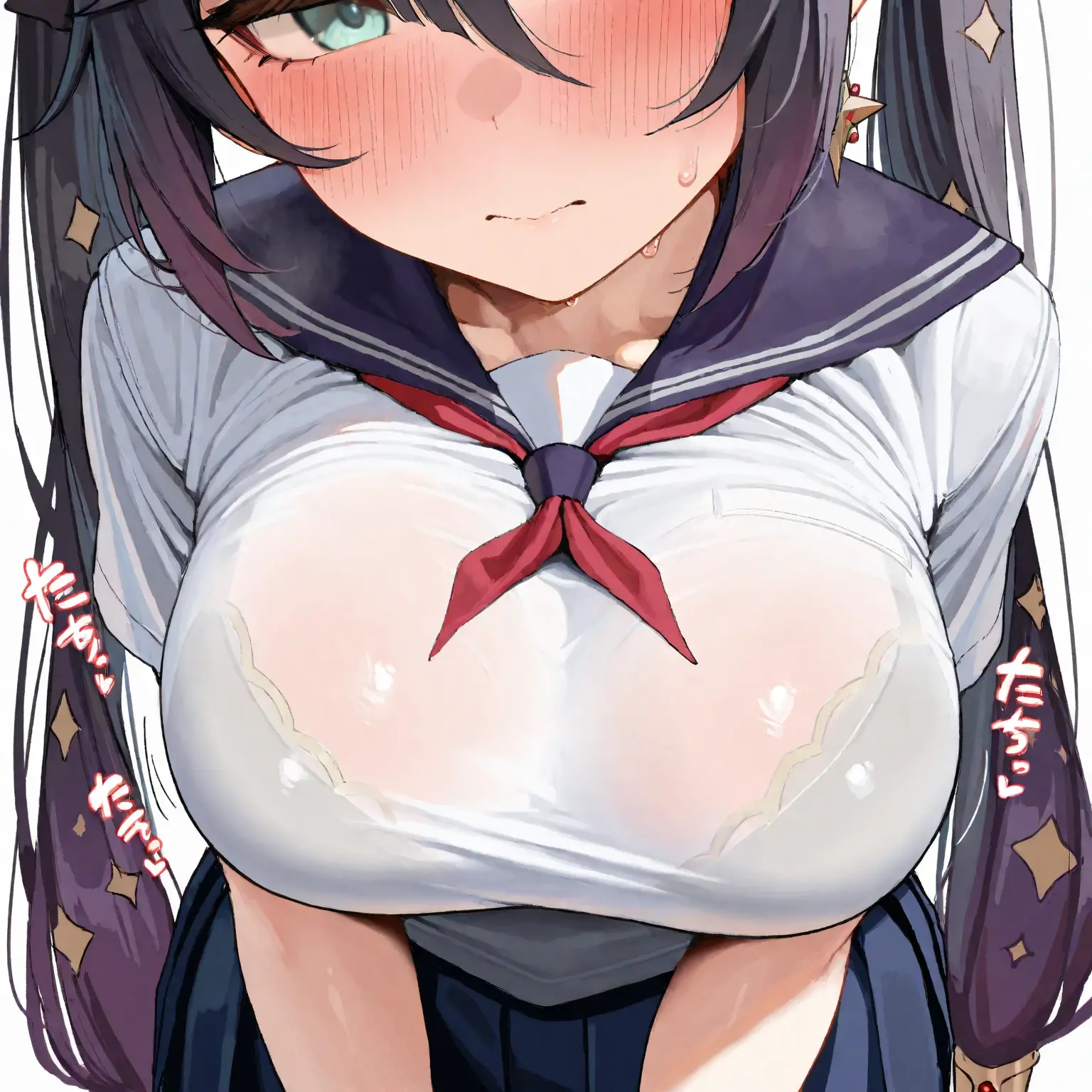 (best quality), (Super detailed), (Best Illustration), (masterpiece), score_9, score_8_up, score_7_up, 4k, (), high contrast, upper body, (1woman), (solo:1.2),{(white serafuku), (bra lift), (show off :1.2), (show off :1.2)}, (:1.2), {brown hair, (sideburns), (bob cut:1.3), curly hair, hairs between eyes, colored inner hair}, {(detailed eyes), blue eyes}, earring, embarrassed, nose blush, sweat, (white background:1.2), 