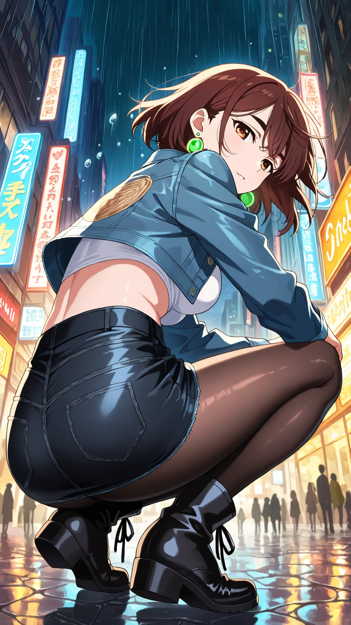 BREAK (masterpiece:1.2), best quality, high resolution, unity 8k wallpaper, (illustration:0.8),A rainy New York-inspired metropolis at night, empty streets glistening under neon lights. Wet asphalt reflects colorful billboards and glowing shop signs, raindrops sliding down glass facades of tall skyscrapers. Puddles scattered across the road mirror the bright cityscape, while the atmosphere feels cinematic, moody, and mysterious. No people, no vehicles, only the silent beauty of a deserted rain-soaked city,momo ayase, short hair, brown hair, brown eyes, bangs, thick eyebrows,earrings, green earrings, medium breasts, anime screencap, cropped t-shirt under open denim jacket,white t-shirt, mini skirt, sheer black tights reflecting city lights, ankle boots, casual but stylish night vibe,looking at viewer,cowboy shot,wide-angel,seductive expression,floating hair,seductive pose,sitting in a squatting pose, hands resting on knees, alluring gaze, detailed body,4k,from below,ancle boots reflecting the wet pavement,from behind,back photo