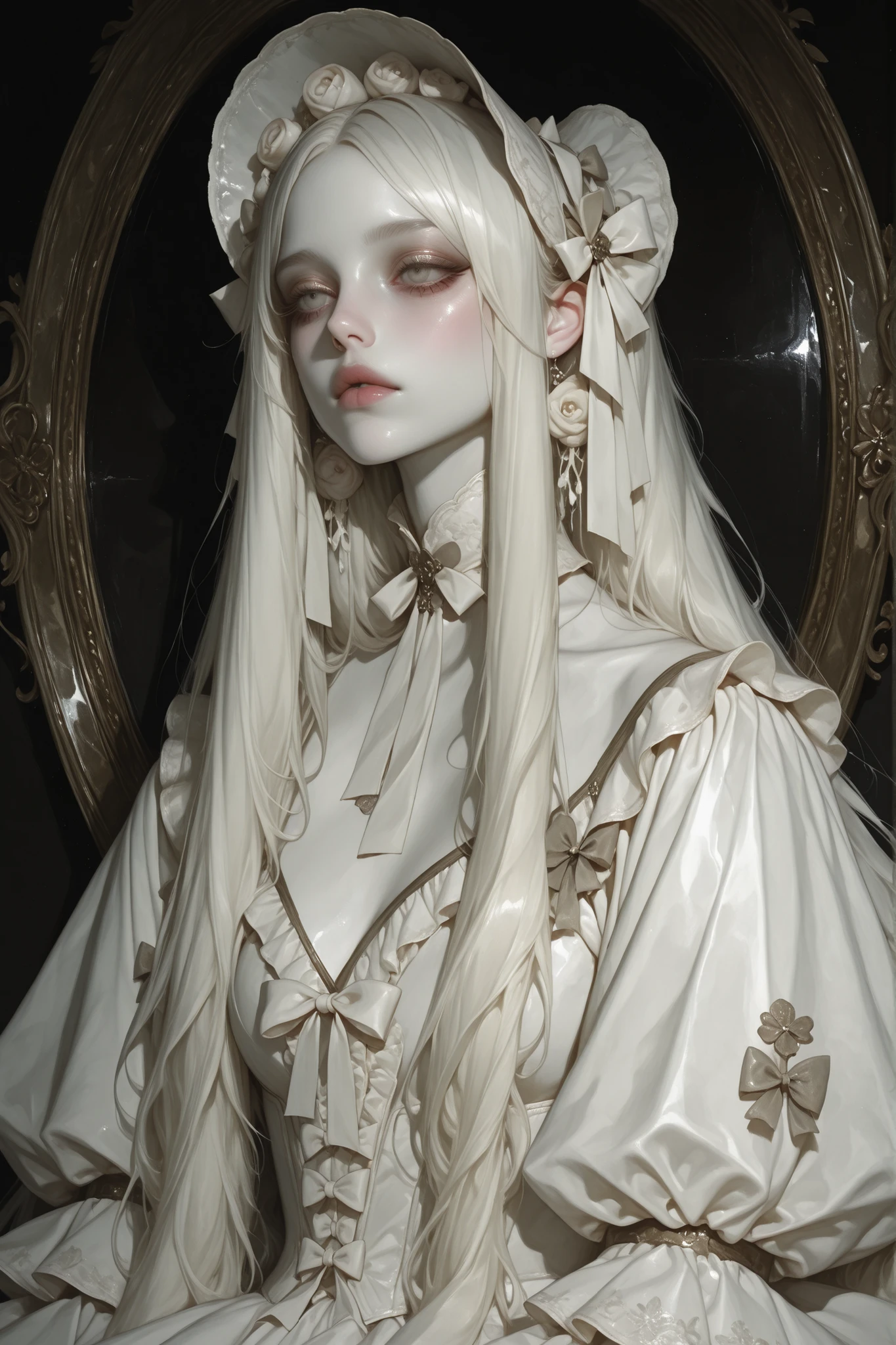 portrait of an ethereal young woman, flawless porcelain-pale skin, large glassy eyes, delicate symmetrical features, long silky hair tied with ribbons, wearing an elaborate rococo-inspired lolita gown in white, puffed sleeves, layered ruffled skirt, ornate bows and frills