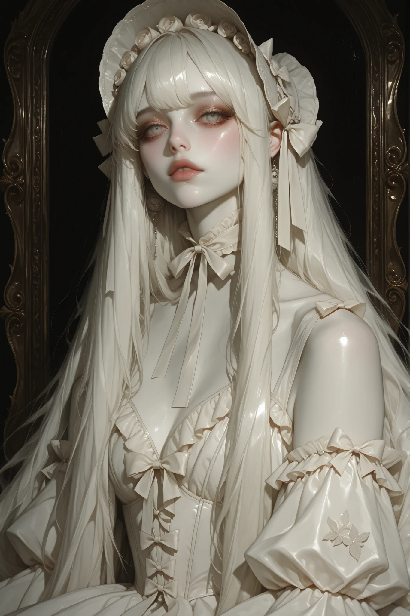 portrait of an ethereal young woman, flawless pale skin, large glassy eyes, delicate symmetrical features, long silky hair tied with ribbons, wearing an elaborate rococo-inspired lolita gown in white, puffed sleeves, layered ruffled skirt, ornate bows and frills
