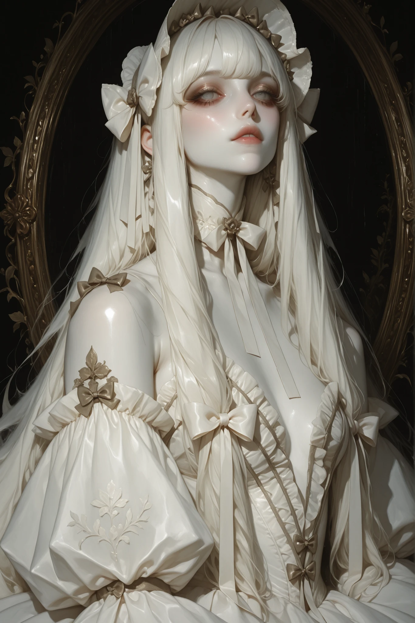 portrait of an ethereal young woman, flawless pale skin, large glassy eyes, delicate symmetrical features, long silky hair tied with ribbons, wearing an elaborate rococo-inspired lolita gown in white, puffed sleeves, layered ruffled skirt, ornate bows and frills