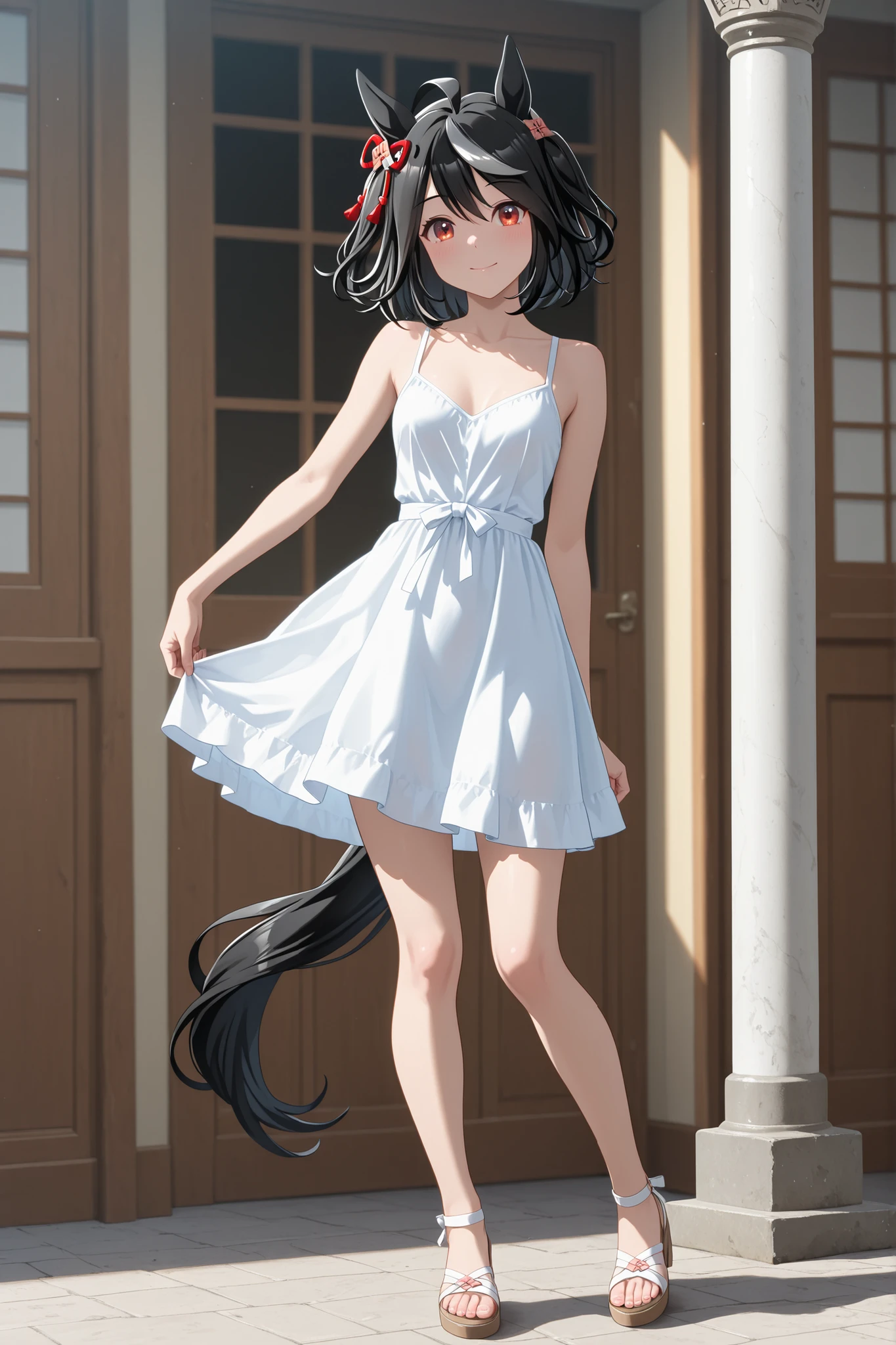 masterpiece, Highest Quality,
Kitasan Black \(Uma Musume\), 1 girl, full body,original 、Change to a、small breasts、Honor Student Yankee、small breasts、summer dress with a tea pillar standing、Prairie、A natural killer