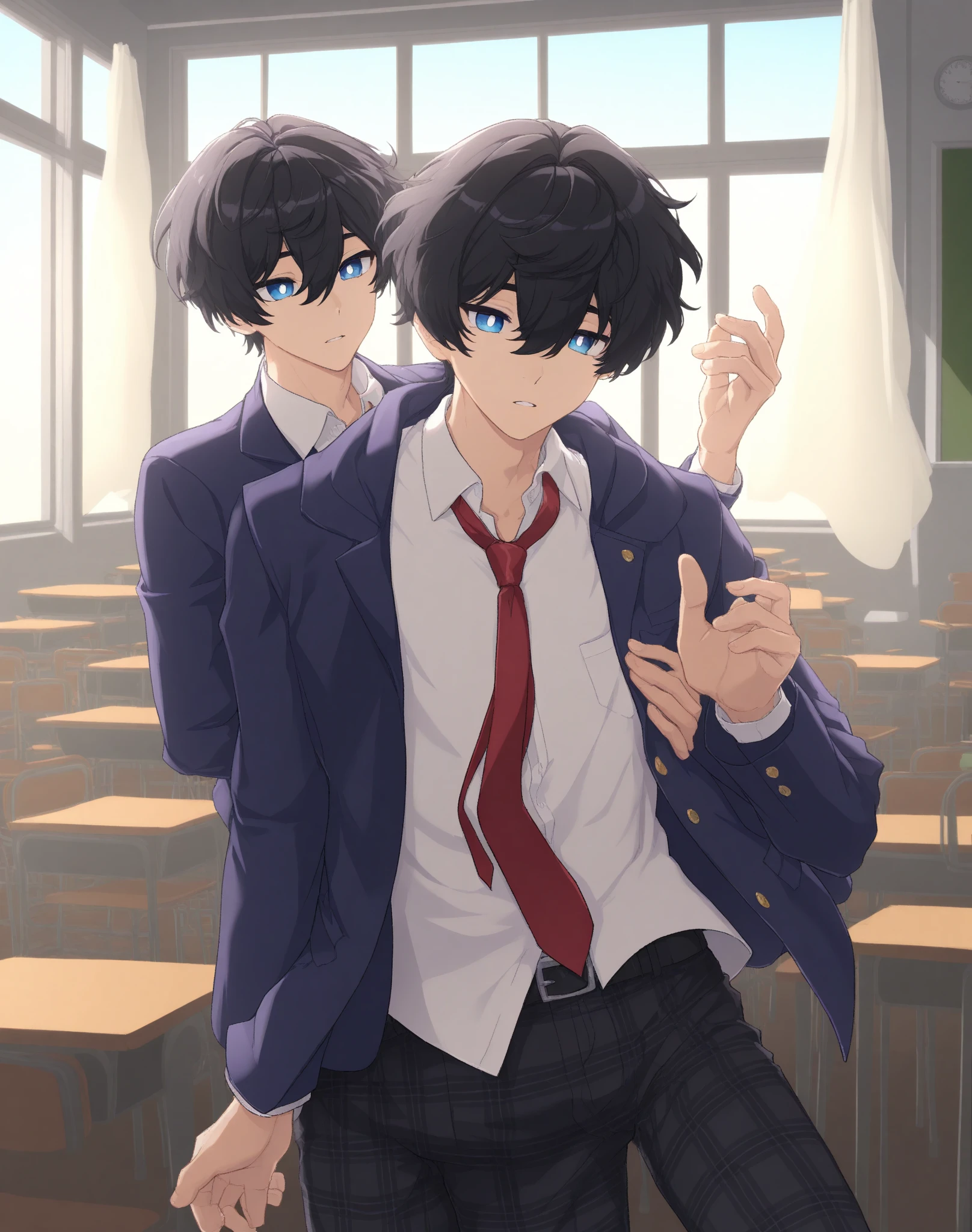 2 boys,dark green hair,highest quality,masterpiece,excessive,yellow eyes,male focus,beautiful eyes,beautiful boy,school classroom,Between males,spouse,