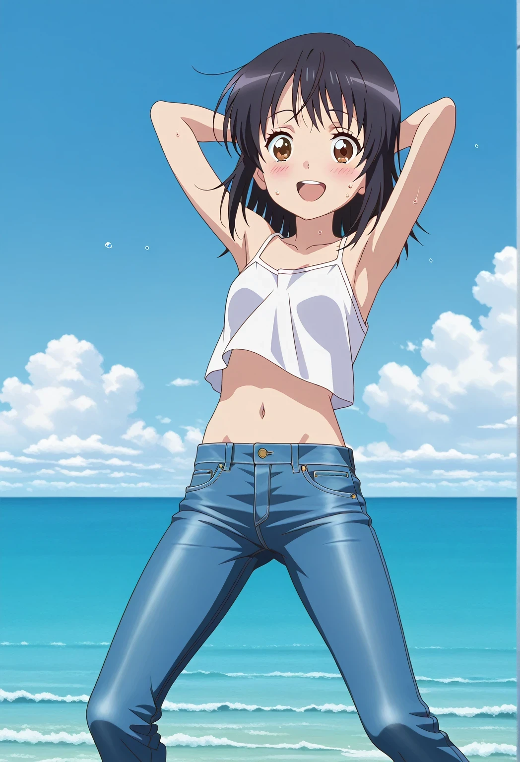 score_9, score_8_up, score_7_up, source_anime, highres, hi res, ((best quality, top quality, perfect quality, Highest Quality, amazing quality)), {{masterpiece}}, {{an extremely delicate and beautiful}}, 2d, intricate details, official style, anime, 8k, anime style, official_anime, official art, digital painting, cell shading, soft shading, high resolution, soothing tones, Subdued Color, Soft cinematic light, adobe lightroom, photolab, HDR, intricately and hyper-detailed, ((high quality animation)), 1 girl, Alone, solo, ((ocean)), tsunami, on the water, day, sunny, outdoors, sky, windy, mitsuha miyamizu, black hair, brown eyes, medium hair, anime screencap, small breasts, white camisole top, crop top, white crop top, best quality, hyper-detailed jeans, ((blue jeans:1.9)), (dark blue jeans:0.6), full medium body, medium shot, Open mouth, smiling, happy face, blush, sweat, standing, ((arms behind head:6.0)), bowlegged, jumping pose, action, looking at viewer, spread legs, Bend knees slightly, straight-on front view