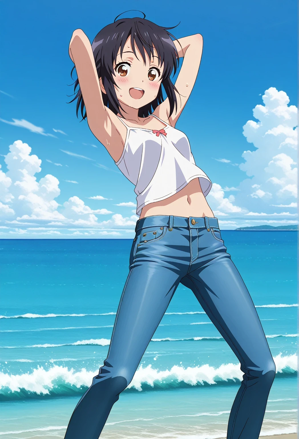 score_9, score_8_up, score_7_up, source_anime, highres, hi res, ((best quality, top quality, perfect quality, Highest Quality, amazing quality)), {{masterpiece}}, {{an extremely delicate and beautiful}}, 2d, intricate details, official style, anime, 8k, anime style, official_anime, official art, digital painting, cell shading, soft shading, high resolution, soothing tones, Subdued Color, Soft cinematic light, adobe lightroom, photolab, HDR, intricately and hyper-detailed, ((high quality animation)), 1 girl, Alone, solo, ((ocean)), tsunami, on the water, day, sunny, outdoors, sky, windy, mitsuha miyamizu, black hair, brown eyes, medium hair, anime screencap, small breasts, white camisole top, crop top, white crop top, best quality, hyper-detailed jeans, ((blue jeans:1.9)), (dark blue jeans:0.6), full medium body, medium shot, Open mouth, smiling, happy face, blush, sweat, standing, ((arms behind head:6.0)), bowlegged, jumping pose, action, looking at viewer, spread legs, Bend knees slightly, straight-on front view