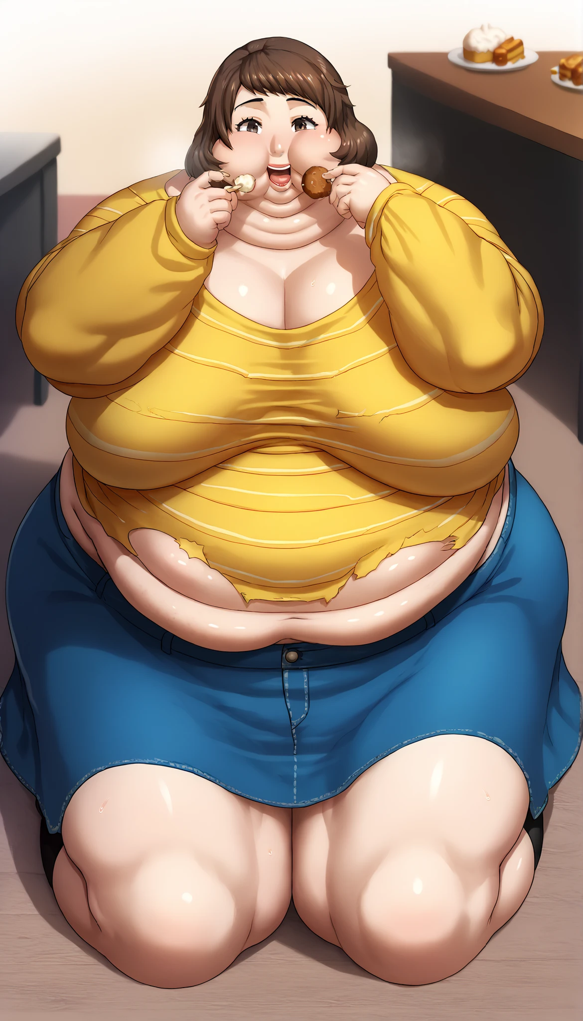 score_9, score_8_up, score_7_up, source_anime, solo, 1girl, saday0def, short hair, brown hair, brown eyes, yellow shirt, striped shirt, loose shirt, long sleeves, blue skirt, denim skirt, thighs, pretty beautiful mature old cute curvy slut bbw female woman sexy, chubby ,big hairy milf big, cute, chubby, Obese, huge arms and legs, BBW、big chest wide open mouth, shortness of breath、sweat, puffy cheek, puffy cheek, motion line, on knees , in front of tones of food, table, eating food, food in mouth, food in hands, rush of food, clothes ripping, torn clothes, wardrobe malfunction