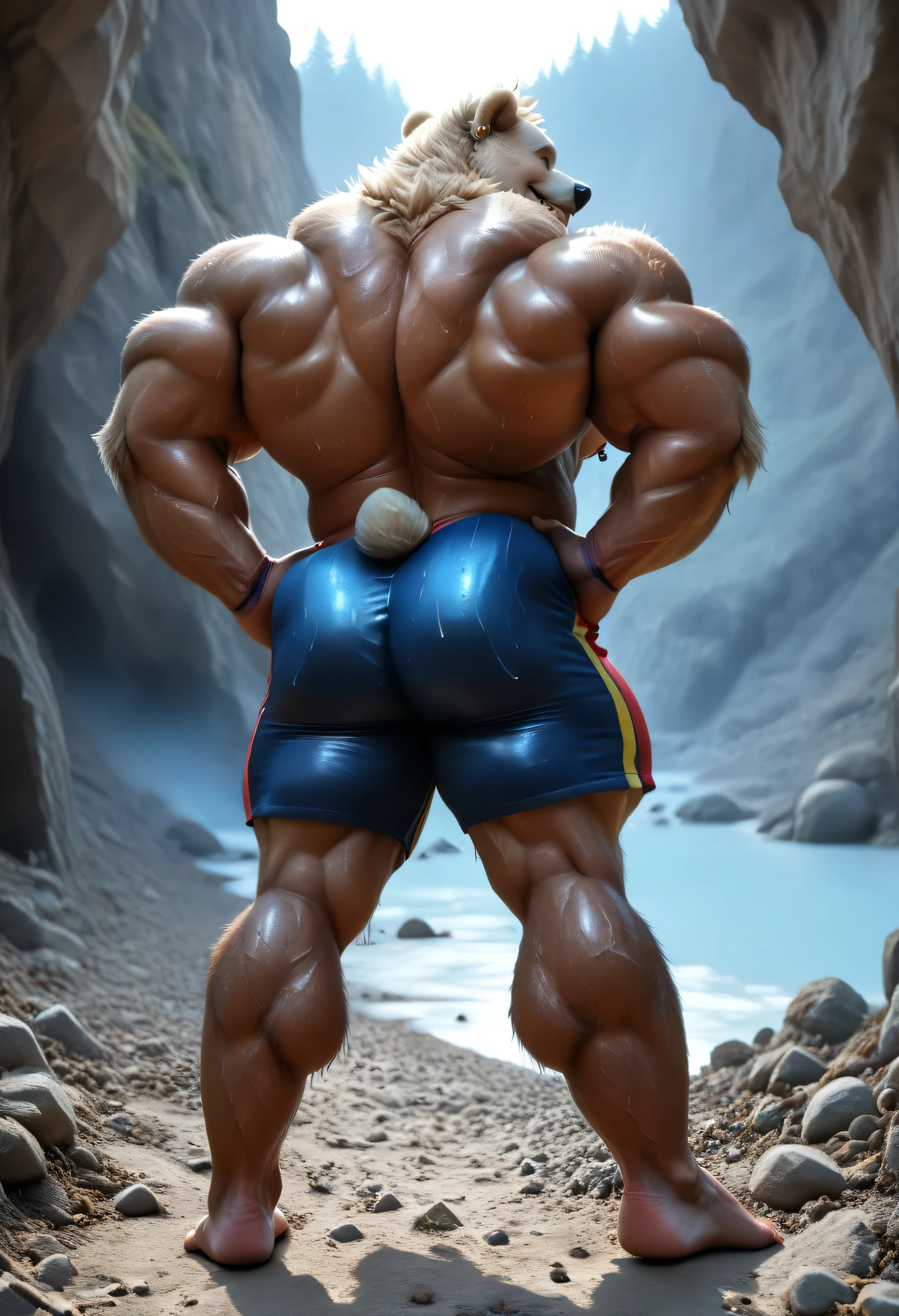 (((by 00b00b43, by morph, by w0lfc0nf))), (((Huge Adult Male muscular bara Ursids Anthro Polar Patroller Polar Bear:1.5, PolarPatroller from Fortnite, Fortnite PolarPatroller))), (((Solo:2))), (((Position(facing away:1.5, back view position:1.5, both hands are on his hip, standing:1.5)))), (((looking at you, extreme low-angle shot))), (((4k, perfect colors, perfect shadows, perfect lighting, clear facial features, BREAK Photorealistic, full body photo, Perfectly correct anatomy, realistic, very Awa, masterpiece, best quality, absurdres, perfect quality, detailed background, intricate details))), (((Photorealistic In the Snowy Mountains near a lake))), (((Huge Veiny muscular Body, muscular, Huge muscular bodybuilder body, manly, Bara, kemono, hyper muscular, Huge muscular bulging muscles, Huge muscular bulging ABS, Huge muscular bulging pecs, Huge muscular bubble butt, Huge muscular thighs, Huge muscular calves, Huge muscular Thick Neck, Huge muscular Shoulders))), (((Photorealistic Furry Ursids Anthro Fluffy PolarPatroller White Fur:1.5, Photorealistic Furry Ursids anthro PolarPatroller White Fur Pigment, Photorealistic Ursids Anthro PolarPatroller White Skin:1.5, Photorealistic Ursids Anthro PolarPatroller Tail, Photorealistic Ursids Anthro Bara Chiseled PolarPatroller head, Photorealistic Ursids Anthro PolarPatroller Eye Colors, Photorealistic Ursids Anthro PolarPatroller fangs))), (((Hairy body:1.8, Smug Expression:1.5, perfect male figure))), (((Nipple Piercings, ear piercings, rings))), (((Photorealistic human hands, human flesh tone hand palms:1.5, large hands, plantigrade feet, human feet, huge feet, Soles, human flesh tone footpads:1.5, finger claws, 5 fingers:1.5, 5 toes:1.5, toe claws, Puffy Nipples, 10 feet tall:1.5))), (((wearing a wet tight transparent men athletic shorts:1.5))), (((Sweaty Body:1.5, body steam:1.5))),