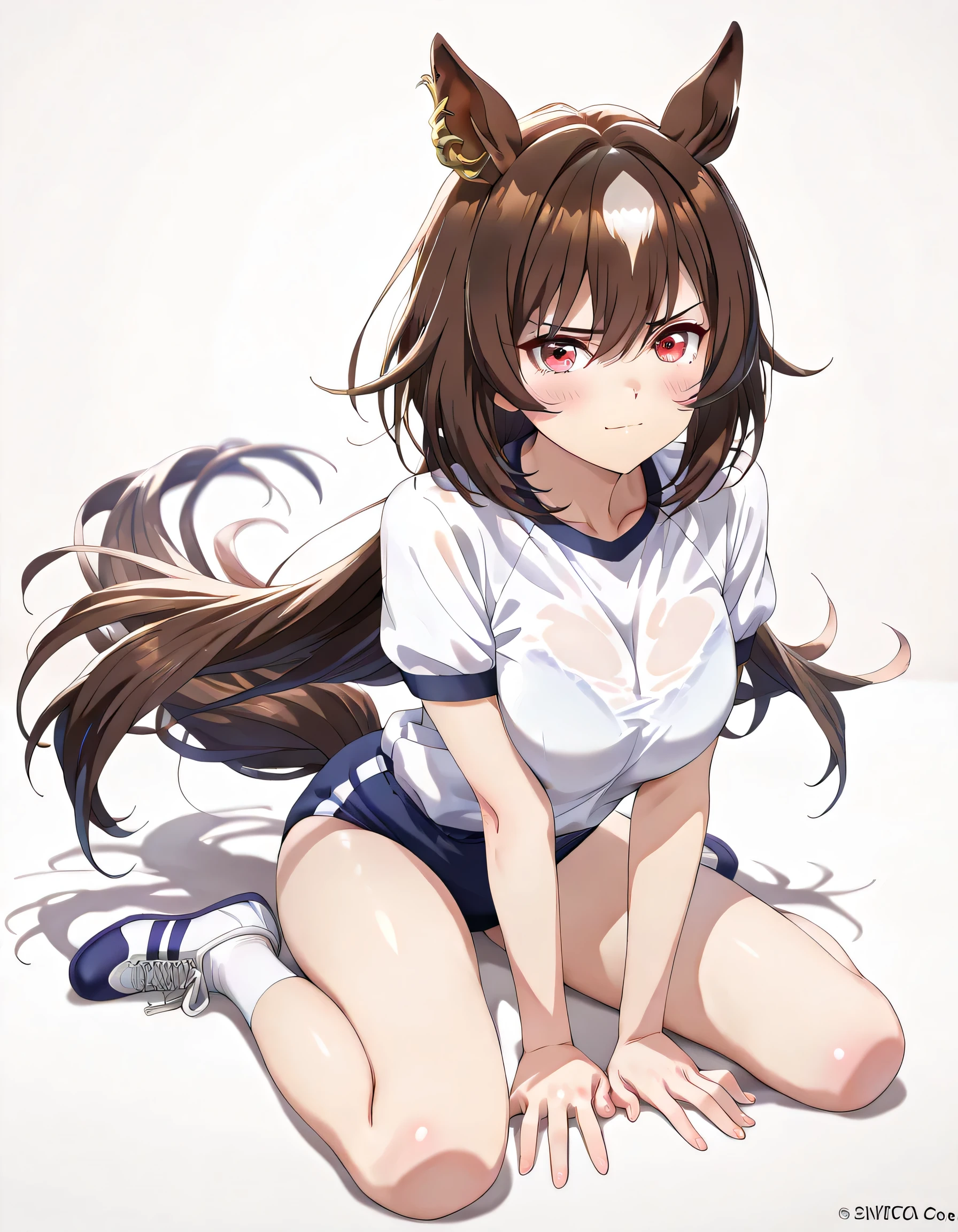 ((ultra-detailed)), (highly detailed CG illustration), (best quality:1.3), ultra-highly detailed, colorful composition, artistic photoshoot, 1girl, solo, moe anime character, Anime-style, harmonious color palette, dainty facial structure, round face, rounded chin:1.2, short stature, sirius symboli, horse tail, streaked hair, brown hair, white hair, animal ears, ear ornament, red eyes, white gym uniform with navy blue  rim:1.3, navy blue school gym buruma, smug:1.3, blush:1.3, flowing hair in the wind, sitting, wariza:1.3, turn around:1.3, :1.4, angled angle,  focus:1.2, looking viewer, full body shot, sidelighting, (no background:1.4),  depth of field, dynamic pose, contrapposto pose, best quality, masterpiece, cinematic lighting, 8K resolution, portrait, depth of field, caustics, ray tracing, perfect face, lustrous skin, highly detailed face, highly detailed eyes, perfect nose, perfect hair, beautiful hair, beautiful detailed eyes, beautiful small face, extremely detailed face, beautiful clavicle, beautiful body, cleavage,  squeezed together, beautiful thin thighs, beautiful legs, beautiful fingers, 4 fingers, 1 thumb, lovely, pastel colors palette, kawaii aesthetic, intricate details, girly atmosphere, chromatic aberration