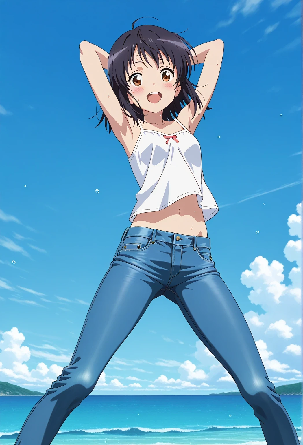 score_9, score_8_up, score_7_up, source_anime, highres, hi res, ((best quality, top quality, perfect quality, Highest Quality, amazing quality)), {{masterpiece}}, {{an extremely delicate and beautiful}}, 2d, intricate details, official style, anime, 8k, anime style, official_anime, official art, digital painting, cell shading, soft shading, high resolution, soothing tones, Subdued Color, Soft cinematic light, adobe lightroom, photolab, HDR, intricately and hyper-detailed, ((high quality animation)), 1 girl, Alone, solo, ((ocean)), tsunami, on the water, day, sunny, outdoors, sky, windy, mitsuha miyamizu, black hair, brown eyes, medium hair, anime screencap, small breasts, white camisole top, crop top, white crop top, best quality, hyper-detailed jeans, ((blue jeans:1.9)), (dark blue jeans:0.6), full medium body, medium shot, Open mouth, smiling, happy face, blush, sweat, standing, ((arms behind head:6.0)), bowlegged, jumping pose, action, looking at viewer, spread legs, Bend knees slightly, straight-on front view