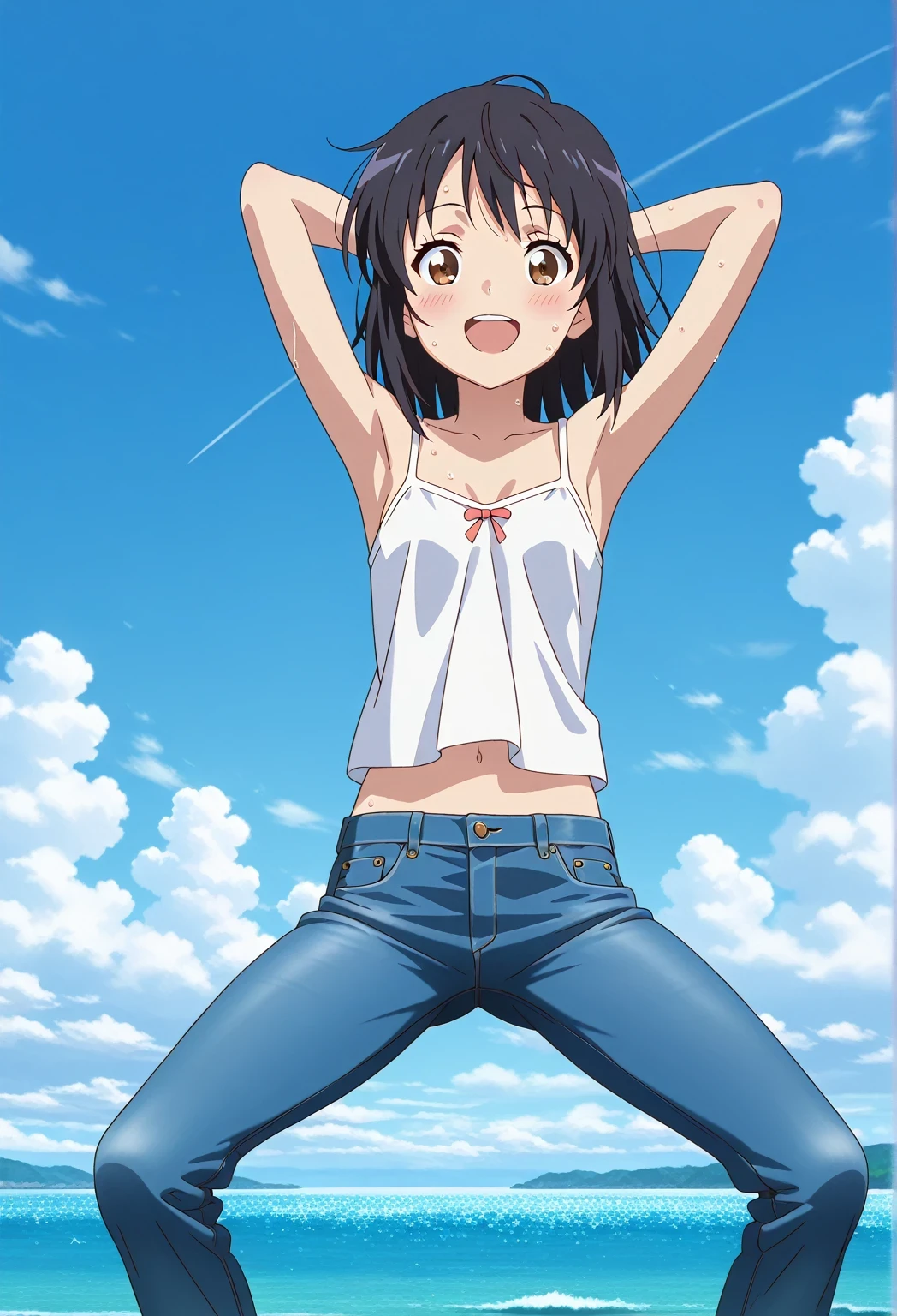 score_9, score_8_up, score_7_up, source_anime, highres, hi res, ((best quality, top quality, perfect quality, Highest Quality, amazing quality)), {{masterpiece}}, {{an extremely delicate and beautiful}}, 2d, intricate details, official style, anime, 8k, anime style, official_anime, official art, digital painting, cell shading, soft shading, high resolution, soothing tones, Subdued Color, Soft cinematic light, adobe lightroom, photolab, HDR, intricately and hyper-detailed, ((high quality animation)), 1 girl, Alone, solo, ((ocean)), tsunami, on the water, day, sunny, outdoors, sky, windy, mitsuha miyamizu, black hair, brown eyes, medium hair, anime screencap, small breasts, white camisole top, crop top, white crop top, best quality, hyper-detailed jeans, ((blue jeans:1.9)), (dark blue jeans:0.6), full medium body, medium shot, Open mouth, smiling, happy face, blush, sweat, standing, ((arms behind head:6.0)), bowlegged, jumping pose, action, looking at viewer, spread legs, Bend knees slightly, straight-on front view
