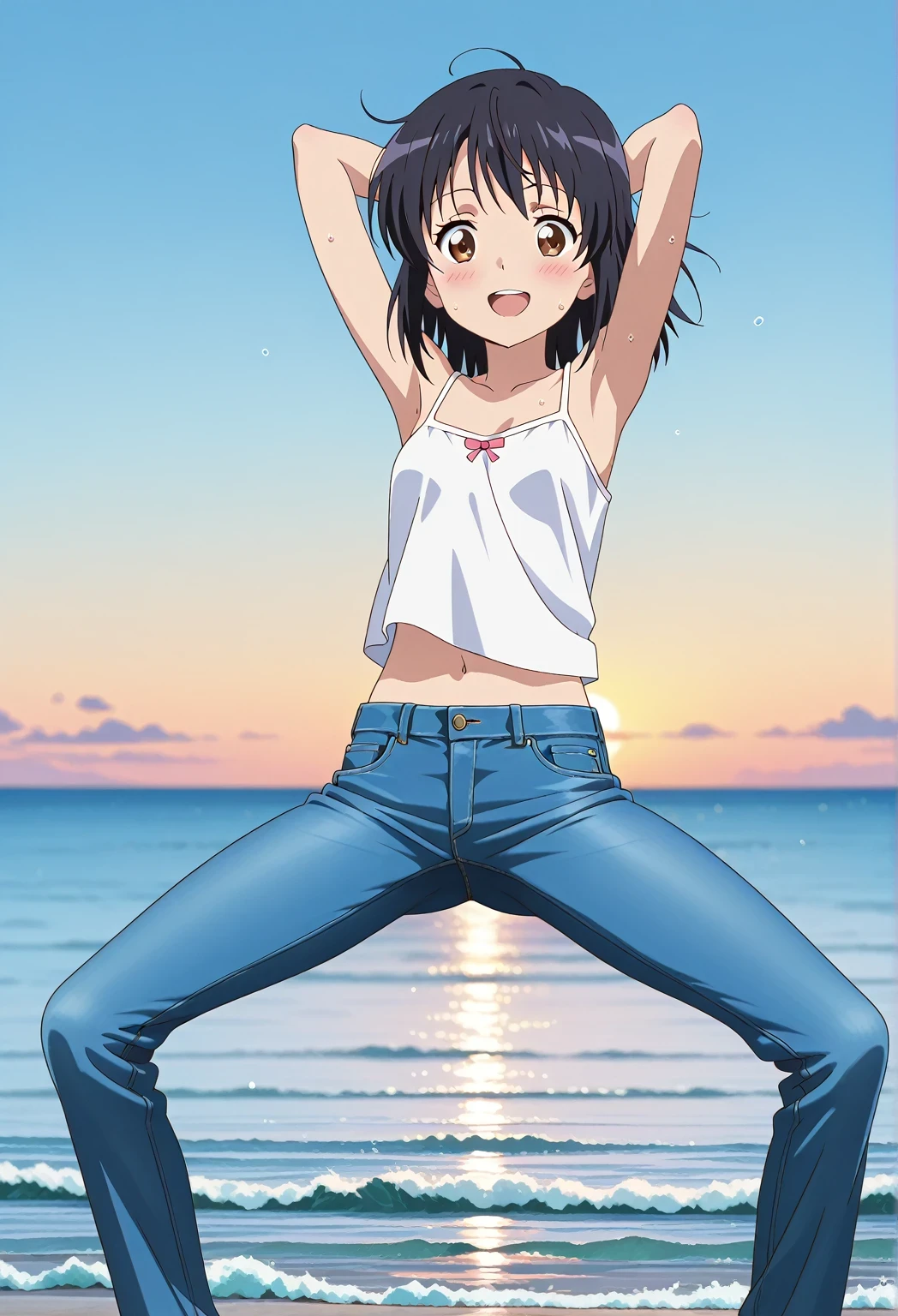 score_9, score_8_up, score_7_up, source_anime, highres, hi res, ((best quality, top quality, perfect quality, Highest Quality, amazing quality)), {{masterpiece}}, {{an extremely delicate and beautiful}}, 2d, intricate details, official style, anime, 8k, anime style, official_anime, official art, digital painting, cell shading, soft shading, high resolution, soothing tones, Subdued Color, Soft cinematic light, adobe lightroom, photolab, HDR, intricately and hyper-detailed, ((high quality animation)), 1 girl, Alone, solo, ((ocean)), tsunami, on the water, day, sunny, outdoors, sky, windy, mitsuha miyamizu, black hair, brown eyes, medium hair, anime screencap, small breasts, white camisole top, crop top, white crop top, best quality, hyper-detailed jeans, ((blue jeans:1.9)), (dark blue jeans:0.6), full medium body, medium shot, Open mouth, smiling, happy face, blush, sweat, standing, ((arms behind head:6.0)), bowlegged, sliding pose, action, looking at viewer, spread legs, Bend knees slightly, straight-on front view