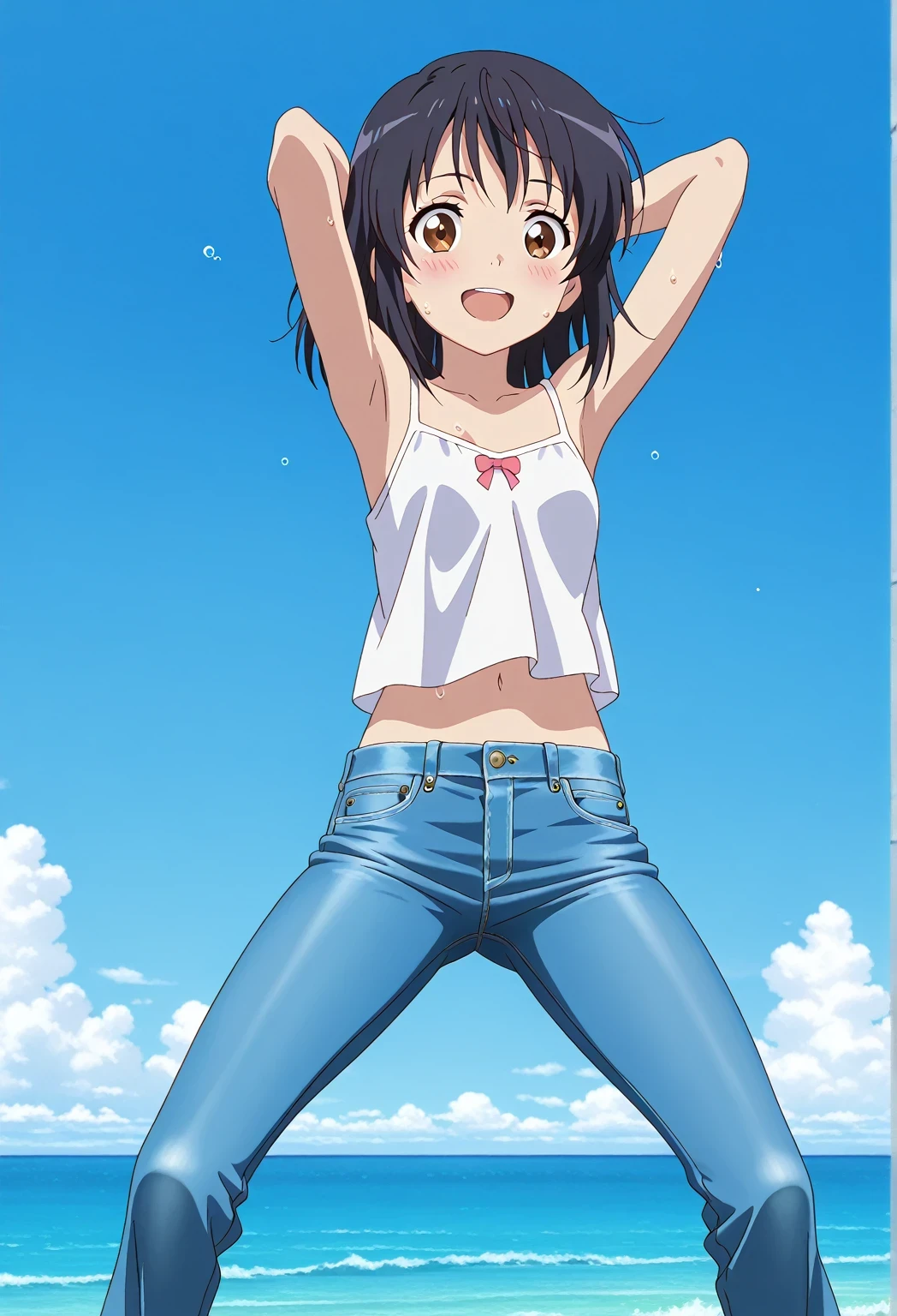 score_9, score_8_up, score_7_up, source_anime, highres, hi res, ((best quality, top quality, perfect quality, Highest Quality, amazing quality)), {{masterpiece}}, {{an extremely delicate and beautiful}}, 2d, intricate details, official style, anime, 8k, anime style, official_anime, official art, digital painting, cell shading, soft shading, high resolution, soothing tones, Subdued Color, Soft cinematic light, adobe lightroom, photolab, HDR, intricately and hyper-detailed, ((high quality animation)), 1 girl, Alone, solo, ((ocean)), tsunami, on the water, day, sunny, outdoors, sky, windy, mitsuha miyamizu, black hair, brown eyes, medium hair, anime screencap, small breasts, white camisole top, crop top, white crop top, best quality, hyper-detailed jeans, ((blue jeans:1.9)), (dark blue jeans:0.6), full medium body, medium shot, Open mouth, smiling, happy face, blush, sweat, standing, ((arms behind head:6.0)), bowlegged, sliding pose, action, looking at viewer, spread legs, Bend knees slightly, straight-on front view