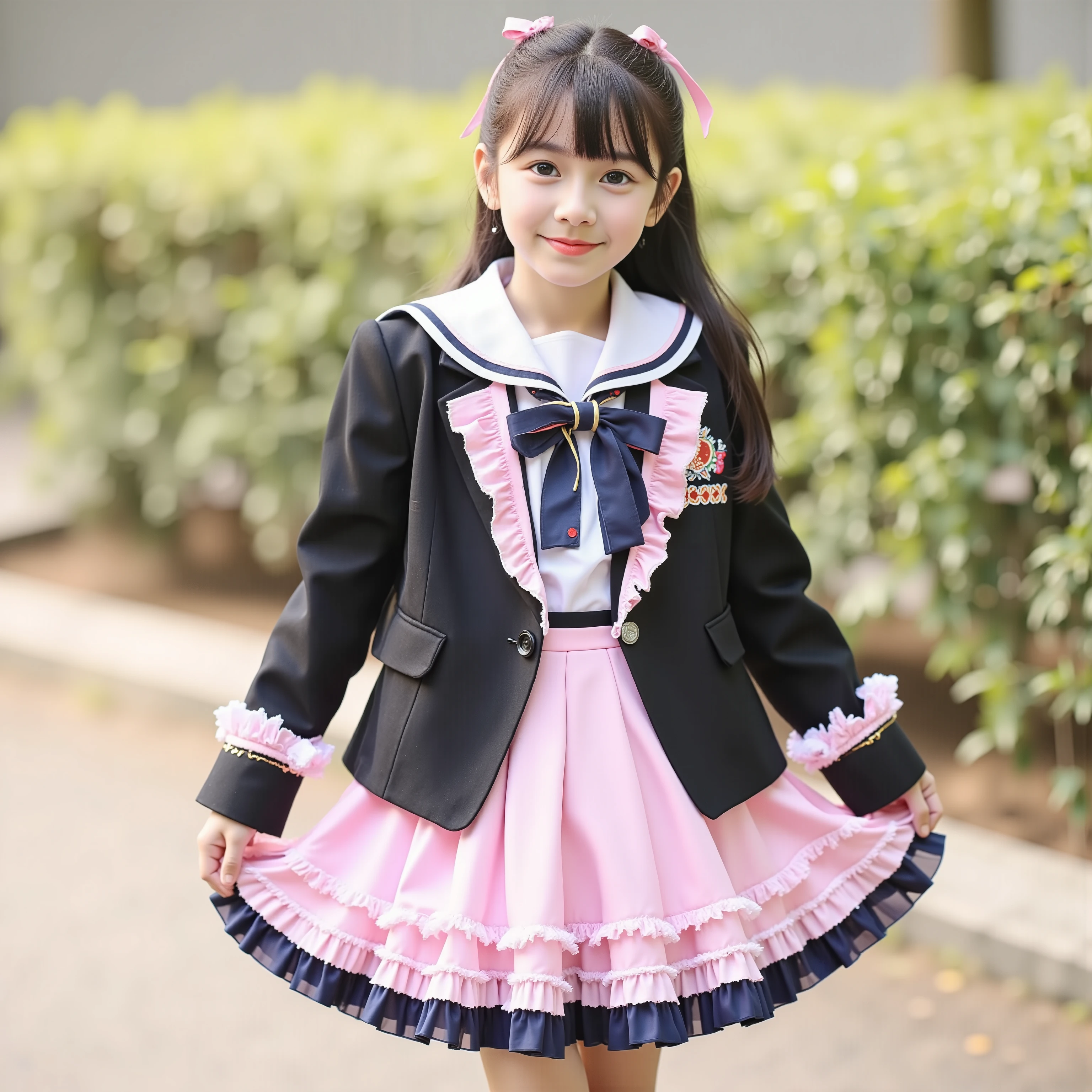 (8k, Highest Quality, masterpiece,full body:1.2), ultra high resolution, complicated details, 1 girl, ((10 years old,Short Height,elementary school student:1.0)),beautiful faces, black long hair,Back hair tied with ribbons,smile,Elementary school graduation outfit decorated with cute ruffles and pink ribbons, (black blazer, ruffle sailor color,red ribbon tie,long sleeve, ruffle sleeve ,White Ruffle Blouse,Ruffles are cute ,medium skirt、pleated skirt,pink ruffle skirt,)Long Black Socks with Ruffles,black loafers,small , round fluffy hoop skirt,,Adding Beautiful Details, outdoor,