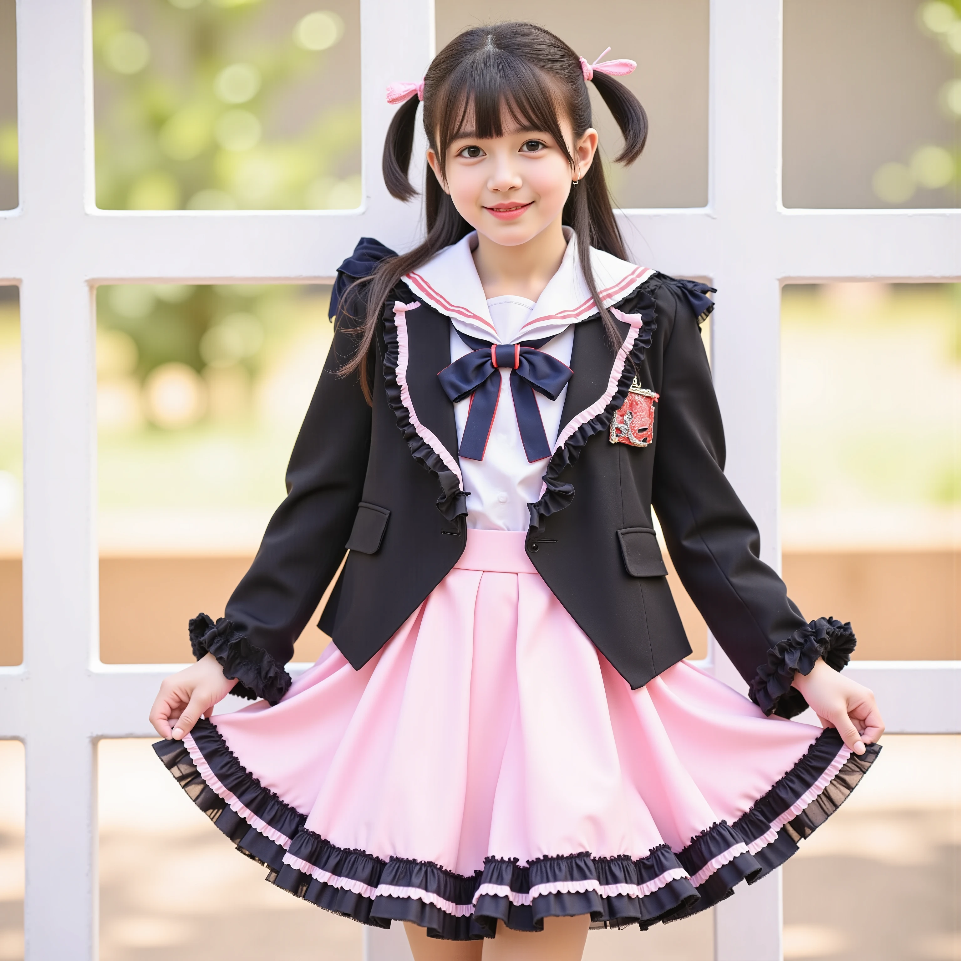 (8k, Highest Quality, masterpiece,full body:1.2), ultra high resolution, complicated details, 1 girl, ((10 years old,Short Height,elementary school student:1.0)),beautiful faces, black long hair,Back hair tied with ribbons,smile,Elementary school graduation outfit decorated with cute ruffles and pink ribbons, (black blazer, ruffle sailor color,red ribbon tie,long sleeve, ruffle sleeve ,White Ruffle Blouse,Ruffles are cute ,medium skirt、pleated skirt,pink ruffle skirt,)Long Black Socks with Ruffles,black loafers,small breasts, round fluffy hoop skirt,,Adding Beautiful Details, outdoor,