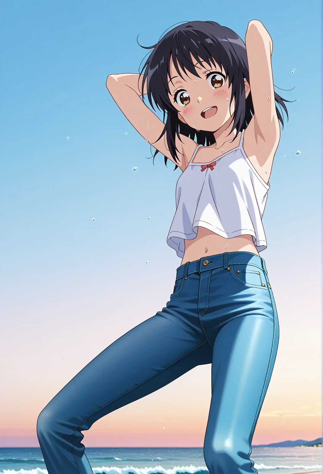 score_9, score_8_up, score_7_up, source_anime, highres, hi res, ((best quality, top quality, perfect quality, Highest Quality, amazing quality)), {{masterpiece}}, {{an extremely delicate and beautiful}}, 2d, intricate details, official style, anime, 8k, anime style, official_anime, official art, digital painting, cell shading, soft shading, high resolution, soothing tones, Subdued Color, Soft cinematic light, adobe lightroom, photolab, HDR, intricately and hyper-detailed, ((high quality animation)), 1 girl, Alone, solo, ((ocean)), tsunami, on the water, day, sunny, outdoors, sky, windy, mitsuha miyamizu, black hair, brown eyes, medium hair, anime screencap, small breasts, white camisole top, crop top, white crop top, best quality, hyper-detailed jeans, ((blue jeans:1.9)), (dark blue jeans:0.6), full medium body, medium shot, Open mouth, smiling, happy face, blush, sweat, standing, ((arms behind head:6.0)), bowlegged, jumping pose, action, looking at viewer, spread legs, Bend knees slightly, straight-on front view