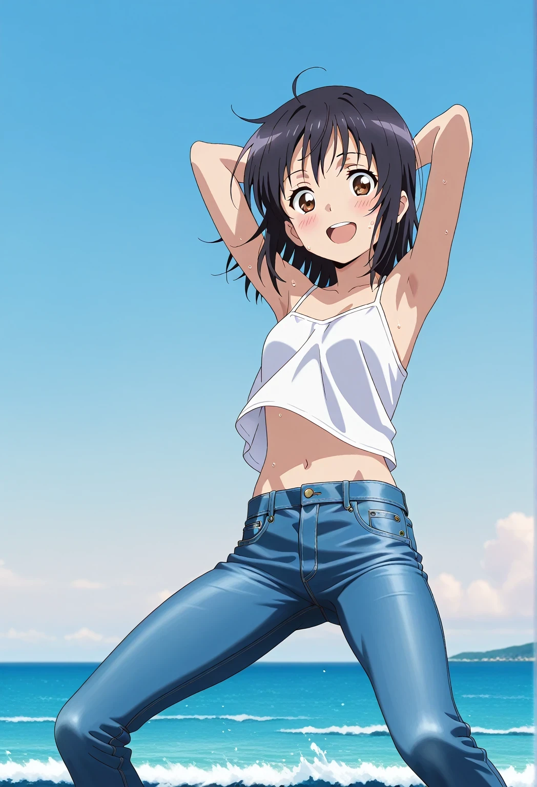 score_9, score_8_up, score_7_up, source_anime, highres, hi res, ((best quality, top quality, perfect quality, Highest Quality, amazing quality)), {{masterpiece}}, {{an extremely delicate and beautiful}}, 2d, intricate details, official style, anime, 8k, anime style, official_anime, official art, digital painting, cell shading, soft shading, high resolution, soothing tones, Subdued Color, Soft cinematic light, adobe lightroom, photolab, HDR, intricately and hyper-detailed, ((high quality animation)), 1 girl, Alone, solo, ((ocean)), tsunami, on the water, day, sunny, outdoors, sky, windy, mitsuha miyamizu, black hair, brown eyes, medium hair, anime screencap, small breasts, white camisole top, crop top, white crop top, best quality, hyper-detailed jeans, ((blue jeans:1.9)), (dark blue jeans:0.6), full medium body, medium shot, Open mouth, smiling, happy face, blush, sweat, standing, ((arms behind head:6.0)), bowlegged, jumping pose, action, looking at viewer, spread legs, Bend knees slightly, straight-on front view