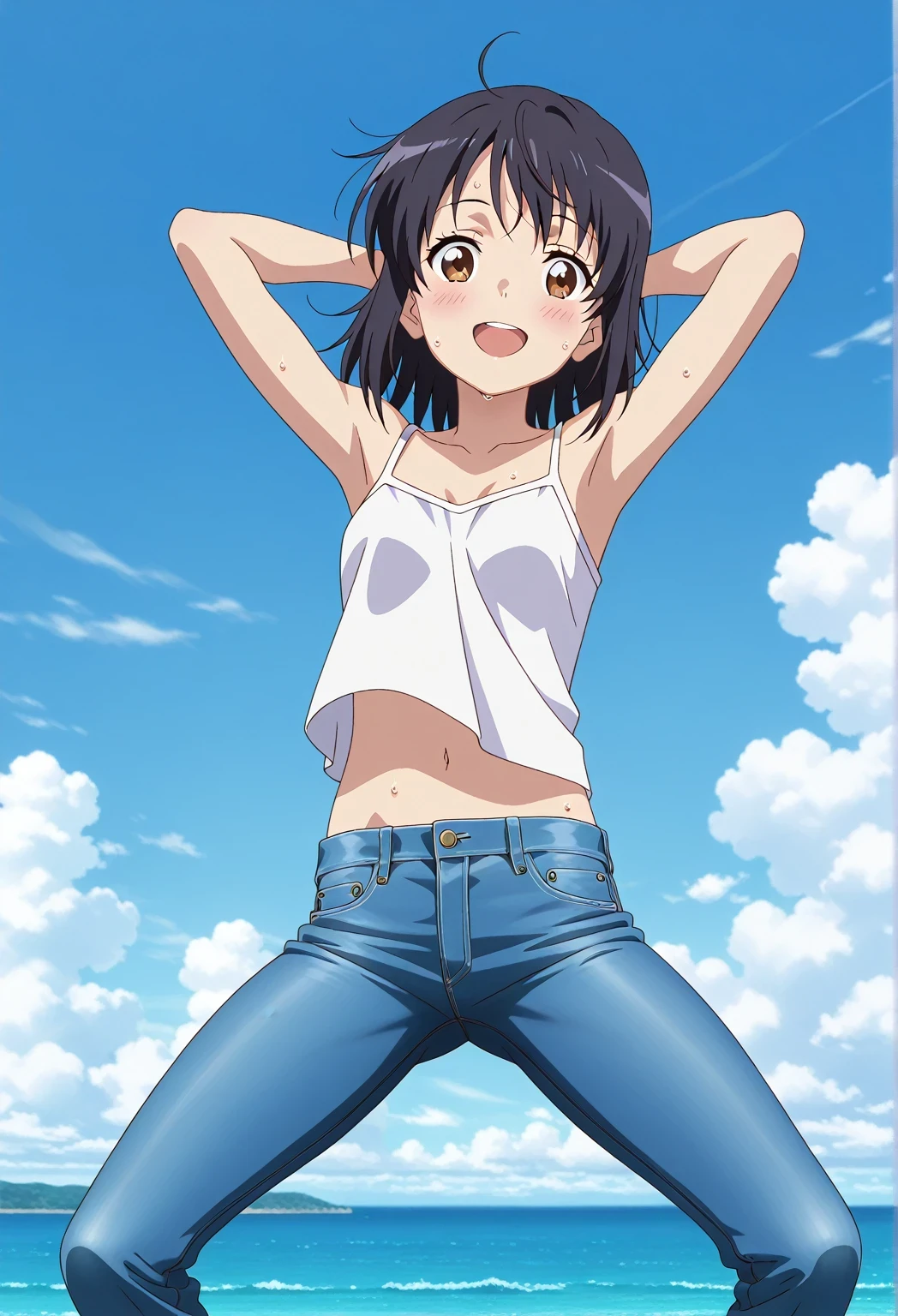 score_9, score_8_up, score_7_up, source_anime, highres, hi res, ((best quality, top quality, perfect quality, Highest Quality, amazing quality)), {{masterpiece}}, {{an extremely delicate and beautiful}}, 2d, intricate details, official style, anime, 8k, anime style, official_anime, official art, digital painting, cell shading, soft shading, high resolution, soothing tones, Subdued Color, Soft cinematic light, adobe lightroom, photolab, HDR, intricately and hyper-detailed, ((high quality animation)), 1 girl, Alone, solo, ((ocean)), tsunami, on the water, day, sunny, outdoors, sky, windy, mitsuha miyamizu, black hair, brown eyes, medium hair, anime screencap, small breasts, white camisole top, crop top, white crop top, best quality, hyper-detailed jeans, ((blue jeans:1.9)), (dark blue jeans:0.6), full medium body, medium shot, Open mouth, smiling, happy face, blush, sweat, standing, ((arms behind head:6.0)), bowlegged, jumping pose, action, looking at viewer, spread legs, Bend knees slightly, straight-on front view