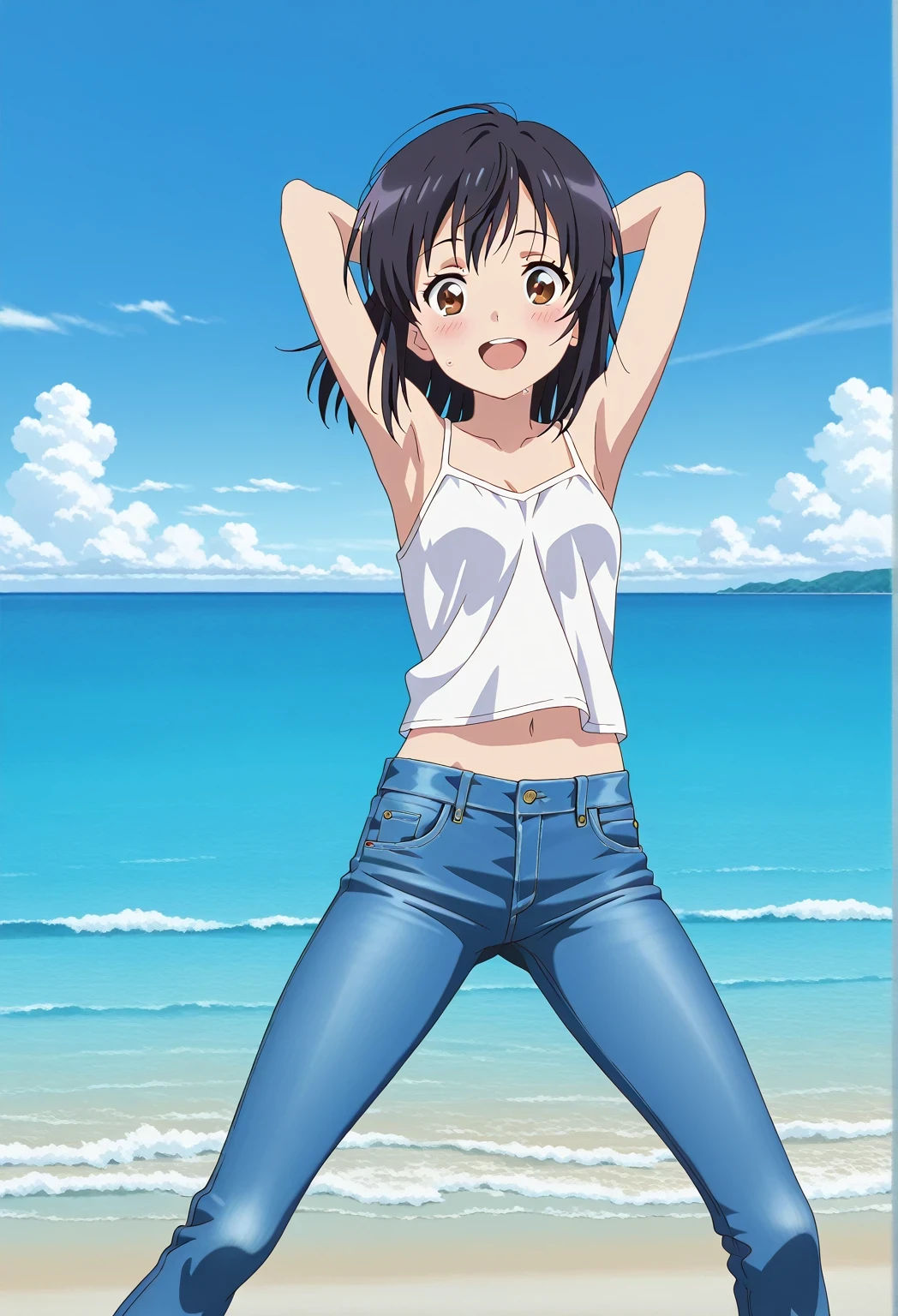 score_9, score_8_up, score_7_up, source_anime, highres, hi res, ((best quality, top quality, perfect quality, Highest Quality, amazing quality)), {{masterpiece}}, {{an extremely delicate and beautiful}}, 2d, intricate details, official style, anime, 8k, anime style, official_anime, official art, digital painting, cell shading, soft shading, high resolution, soothing tones, Subdued Color, Soft cinematic light, adobe lightroom, photolab, HDR, intricately and hyper-detailed, ((high quality animation)), 1 girl, Alone, solo, ((ocean)), tsunami, on the water, day, sunny, outdoors, sky, windy, mitsuha miyamizu, black hair, brown eyes, medium hair, anime screencap, small breasts, white camisole top, crop top, white crop top, best quality, hyper-detailed jeans, ((blue jeans:1.9)), (dark blue jeans:0.6), full medium body, medium shot, Open mouth, smiling, happy face, blush, sweat, standing, ((arms behind head:6.0)), bowlegged, jumping pose, action, looking at viewer, spread legs, Bend knees slightly, straight-on front view