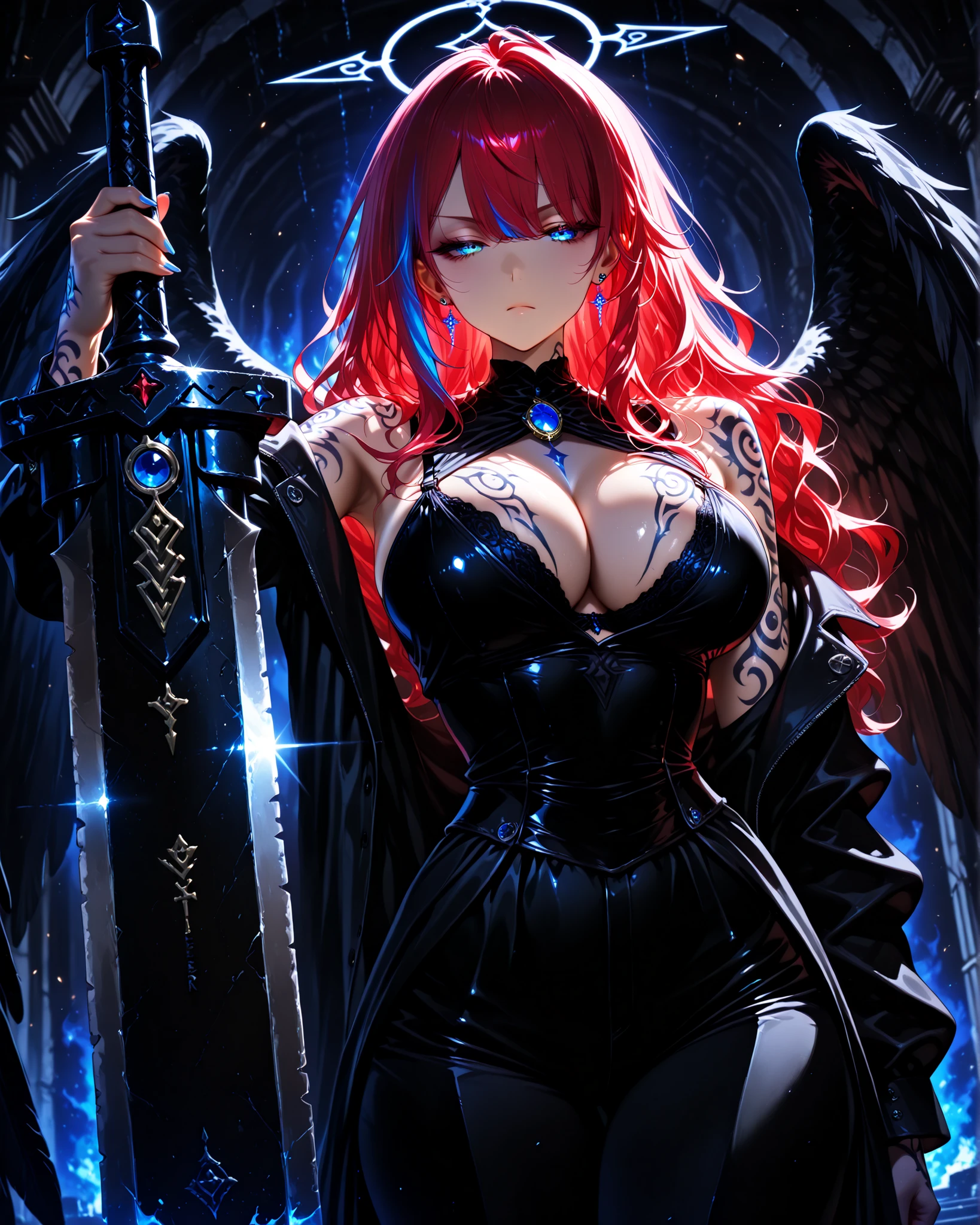 wolfcut, fluffy hair, voluminous hair, wavy centerparted, wavy bangs, wavy hair,,front angle, (masterpiece, vivid color, 4k), {1woman}:(a beautiful and attractive woman, bra size L, with "long red hair:1.2" with blue highlights and a rebellious hairstyle, serious rectangular blue eyes half-closed, a very detailed ear piercing with blue jewels, wearing a black blouse, black dress pants, wearing a black overcoat with the left shoulder exposed, standing, holding in her right hand a "huge and monstrous broadsword:1.12" with an incredibly wide blade:1.2 fully adorned with very detailed blue jewels, just a one huge black angel wing on the right side, on her left arm tattoos  on her shoulder), rising from a nightmare/dream, a hostile and distorted atmosphere, well lit and with perfect shadows
