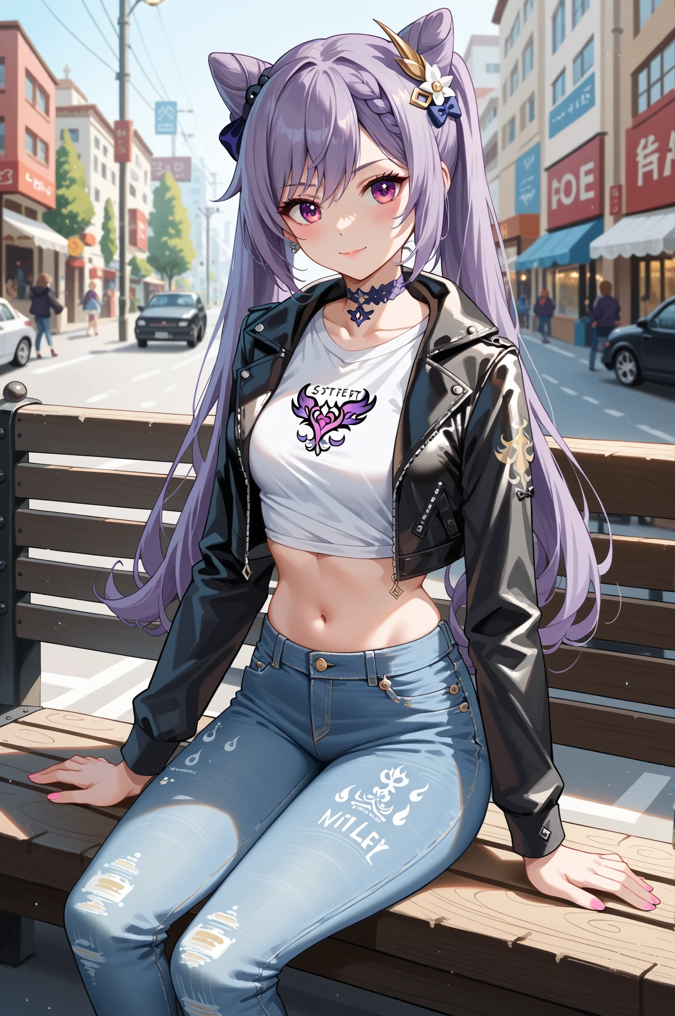 1 girl, long purple hair, white jacket, short jeans, shorts, crop top, city road, permanent, (masterpiece:1.2), high resolution, best quality, 8K, pose, blush, Shy, Smile, V-neck shirt, Show Middle , beat, socks, very shorts,Pregnant