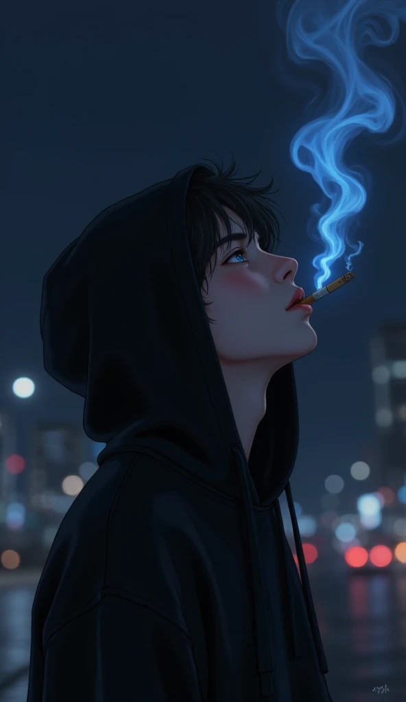 (Simple painting style+Fresh painting style+Hand-drawn style:1.2),(Upper body body:1.2),(Fluffy black hair+A dark-haired+Fluffy hair:1.3),(The eyes are blue like the deep sea（Blue pupil）:1.1),(Holding a lit cigarette in his hand+cigarettes):1.2,(Behind you is a rainy sky+rained:1.3+Skysky:0.9),(Highlight the hands+Hand):1.1 --auto