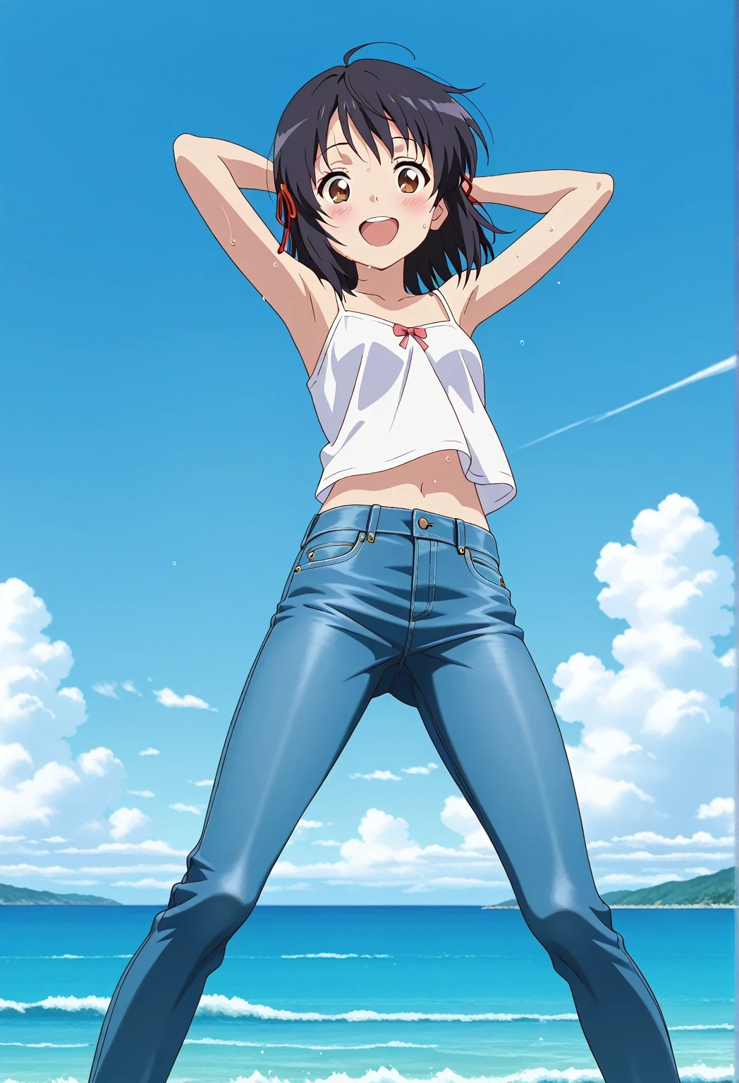 score_9, score_8_up, score_7_up, source_anime, highres, hi res, ((best quality, top quality, perfect quality, Highest Quality, amazing quality)), {{masterpiece}}, {{an extremely delicate and beautiful}}, 2d, intricate details, official style, anime, 8k, anime style, official_anime, official art, digital painting, cell shading, soft shading, high resolution, soothing tones, Subdued Color, Soft cinematic light, adobe lightroom, photolab, HDR, intricately and hyper-detailed, ((high quality animation)), 1 girl, Alone, solo, ((ocean)), tsunami, on the water, day, sunny, outdoors, sky, windy, mitsuha miyamizu, black hair, brown eyes, medium hair, anime screencap, small breasts, white camisole top, crop top, white crop top, best quality, hyper-detailed jeans, ((blue jeans:1.9)), (dark blue jeans:0.6), full medium body, medium shot, Open mouth, smiling, happy face, blush, sweat, standing, ((arms behind head:6.0)), bowlegged, sliding pose, action, looking at viewer, spread legs, Bend knees slightly, straight-on front view