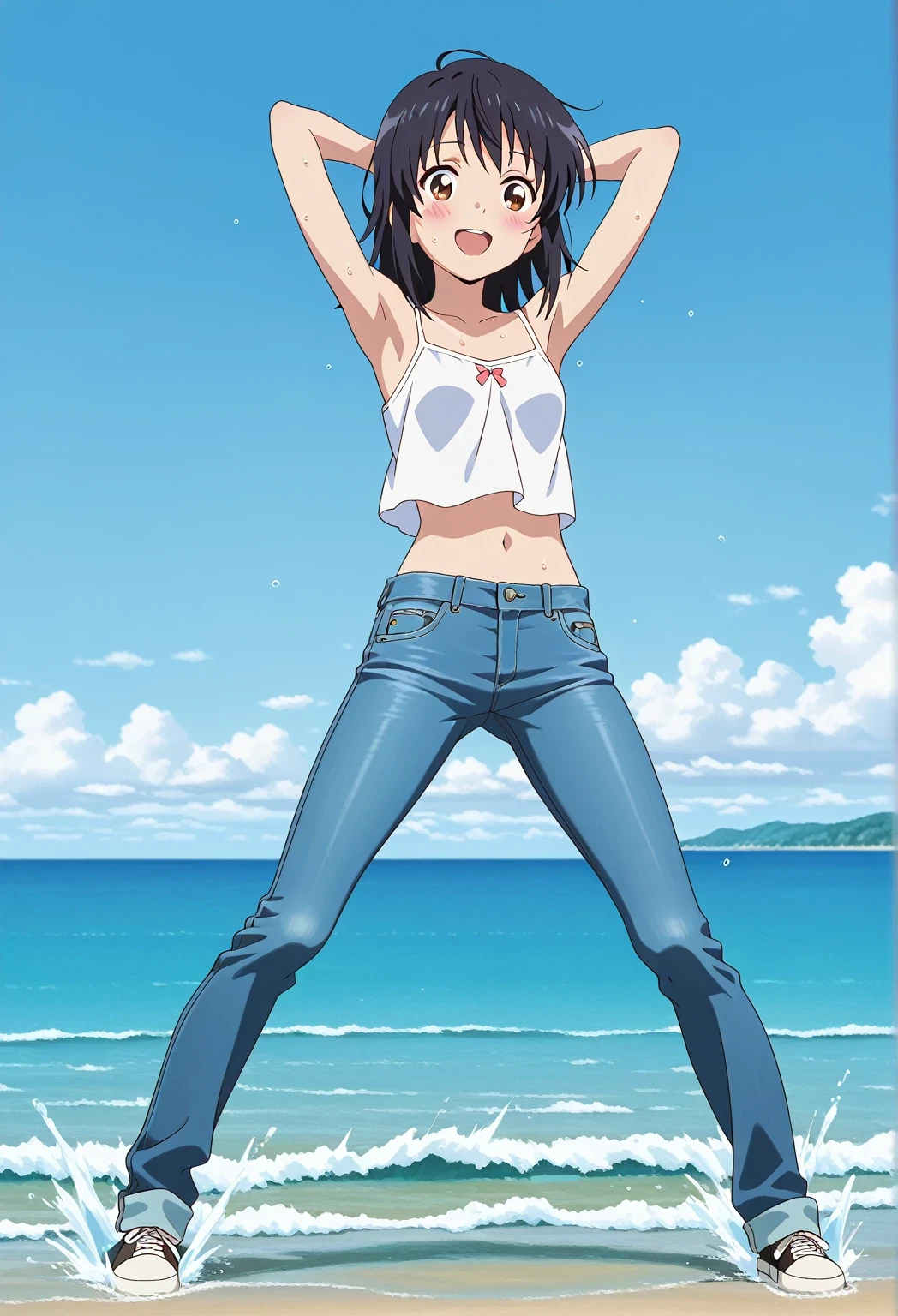 score_9, score_8_up, score_7_up, source_anime, highres, hi res, ((best quality, top quality, perfect quality, Highest Quality, amazing quality)), {{masterpiece}}, {{an extremely delicate and beautiful}}, 2d, intricate details, official style, anime, 8k, anime style, official_anime, official art, digital painting, cell shading, soft shading, high resolution, soothing tones, Subdued Color, Soft cinematic light, adobe lightroom, photolab, HDR, intricately and hyper-detailed, ((high quality animation)), 1 girl, Alone, solo, ((ocean)), tsunami, on the water, day, sunny, outdoors, sky, windy, mitsuha miyamizu, black hair, brown eyes, medium hair, anime screencap, small breasts, white camisole top, crop top, white crop top, best quality, hyper-detailed jeans, ((blue jeans:1.9)), (dark blue jeans:0.6), full medium body, medium shot, Open mouth, smiling, happy face, blush, sweat, standing, ((arms behind head:6.0)), bowlegged, sliding pose, action, looking at viewer, spread legs, Bend knees slightly, straight-on front view