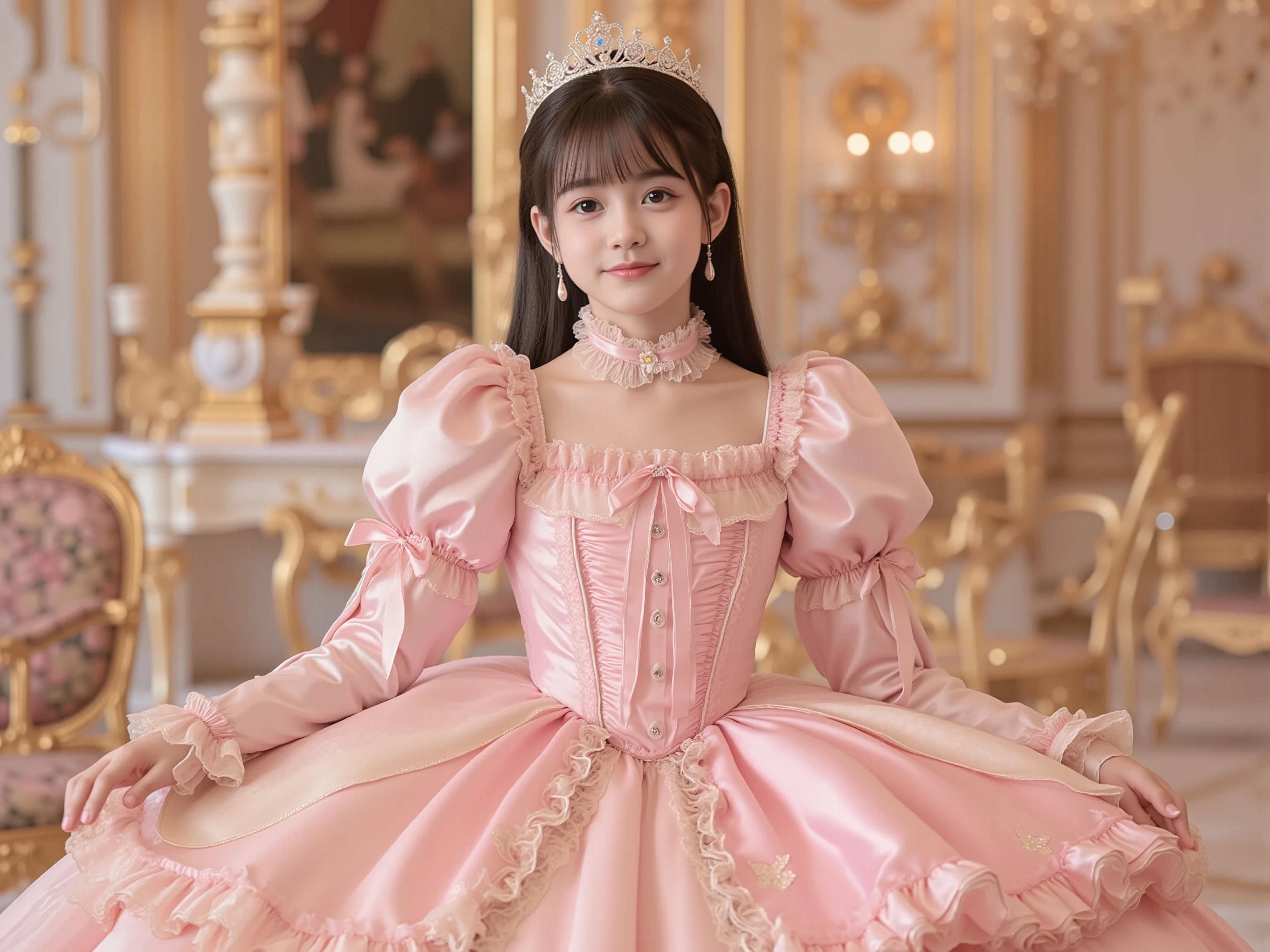 (( Distant Scenery,full body:1.0)),Highest Quality, masterpiece, highest resolution, Artwork, super それにget used to it, many get used to it, get used to it, それにget used to it, 3k photos,,3 Princesses,Princess pastel silk satin victorian giant ball gown dress. ((10 year old Japanese girl)),Get used to the ultra-fine young face,,nice smile,baby-like face,short,long sleeve,puff sleeve,ruffled yoke collar,The dress is decorated with lots of ruffles and ribbons.,(((straight long hair))), in a luxurious European rococo palace ,I'm wearing a princess tiara on my head,detailed background,