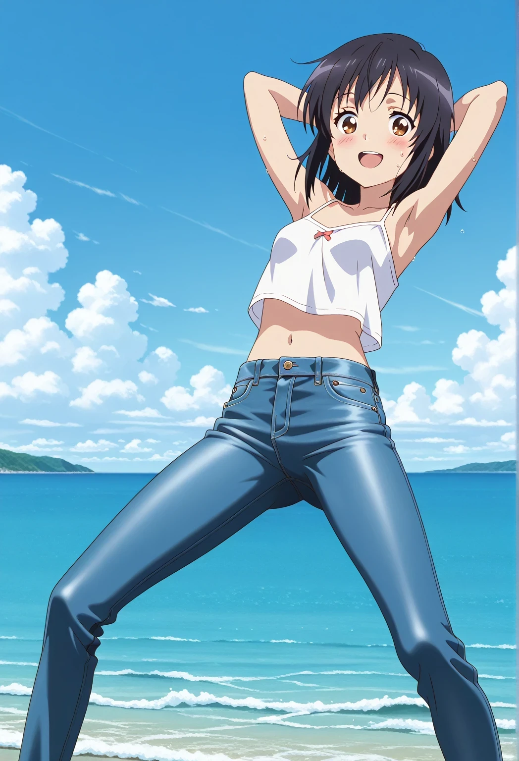score_9, score_8_up, score_7_up, source_anime, highres, hi res, ((best quality, top quality, perfect quality, Highest Quality, amazing quality)), {{masterpiece}}, {{an extremely delicate and beautiful}}, 2d, intricate details, official style, anime, 8k, anime style, official_anime, official art, digital painting, cell shading, soft shading, high resolution, soothing tones, Subdued Color, Soft cinematic light, adobe lightroom, photolab, HDR, intricately and hyper-detailed, ((high quality animation)), 1 girl, Alone, solo, ((ocean)), tsunami, on the water, day, sunny, outdoors, sky, windy, mitsuha miyamizu, black hair, brown eyes, medium hair, anime screencap, small breasts, white camisole top, crop top, white crop top, best quality, hyper-detailed jeans, ((blue jeans:1.9)), (dark blue jeans:0.6), full medium body, medium shot, Open mouth, smiling, happy face, blush, sweat, standing, ((arms behind head:6.0)), bowlegged, sliding pose, action, looking at viewer, spread legs, Bend knees slightly, straight-on front view