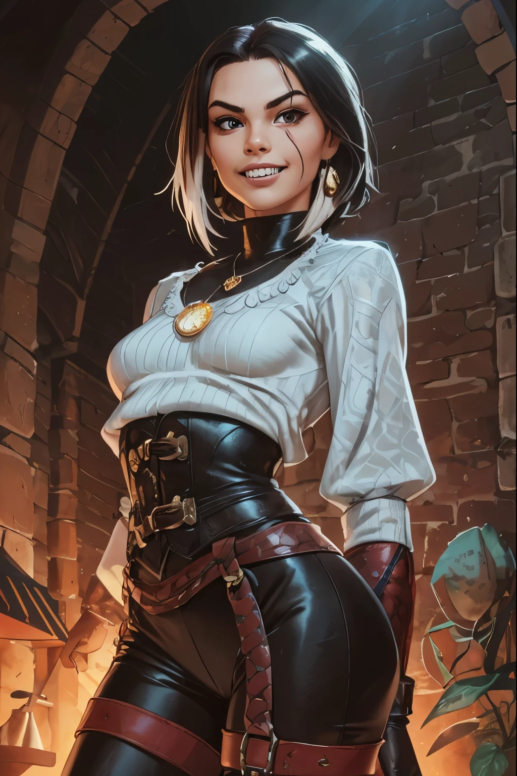 She looks like Cammy White and has a horizontal scar across her nose. Inca girl with white and dark hair, bigger head, deep red-coloured eyes, slanted Asian eyes, small sharp canine teeth, black eyeliner, athletic body and soft abs. Slender and athletic. Cute, round and young face. White highlights in her hair. She wears black, leather outfit with snakeskin-pattern and black gloves. She also wears an amber necklace. She has small breasts. She has a small smile on her face, lips pressed together. Atmospheric lighting. Looking at the viewer. Background: Spanish medieval town, hdr colours